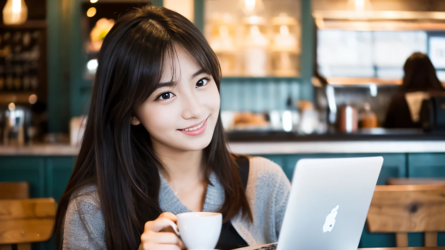 ((最high quality, 8k, masterpiece: 1.3)), perfect face,Inside a stylish cafe in New York、A scene in which a beautiful model-like woman is drinking a latte and studying on a laptop.,All around you, you can see other customers enjoying their time.。At the back of the cafe、The staff are busy working at the counter.、You can feel the liveliness and stylish luxury that is typical of a city cafe., sharp focus, 1 girl, Sexy 1.2, , (big: 1.5), fine eyes, Beautiful eyes with long slits, double eyelid, (cat face), (cute Face), cute Smile, (close your mouth), (cute), soft skin, Show the whole body, surreal, super detailed, high quality, (Beautiful female college student studying in a cafe), ((詳細な非常にcute女子大生)), ((胸は隠れているけど服の上から解るぐらいbig胸)),A look that looks at your boyfriend