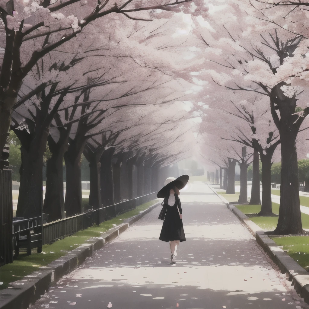 A park with cherry blossoms in full bloom、The promenade is covered with fallen cherry blossom petals.、cherry blossom carpet、In the distance, a  around 5 years old is walking alone.、long straight black hair、He wears a white, wide-brimmed hat.、hair blowing in the wind、white dress