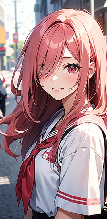 (8K、highest quality、masterpiece:1.2)、Super detailed、super resolution、Realistic、1girl、(light pink gradient hair)、((hair over one eye:1.5,RED eyes:1.2))、(face focus:1.3,upper body:1.5),(gradient hair:1.5),(sailor uniform:1.3)、(Nasty smile:1.3),cute face,small breasts,school girl,
