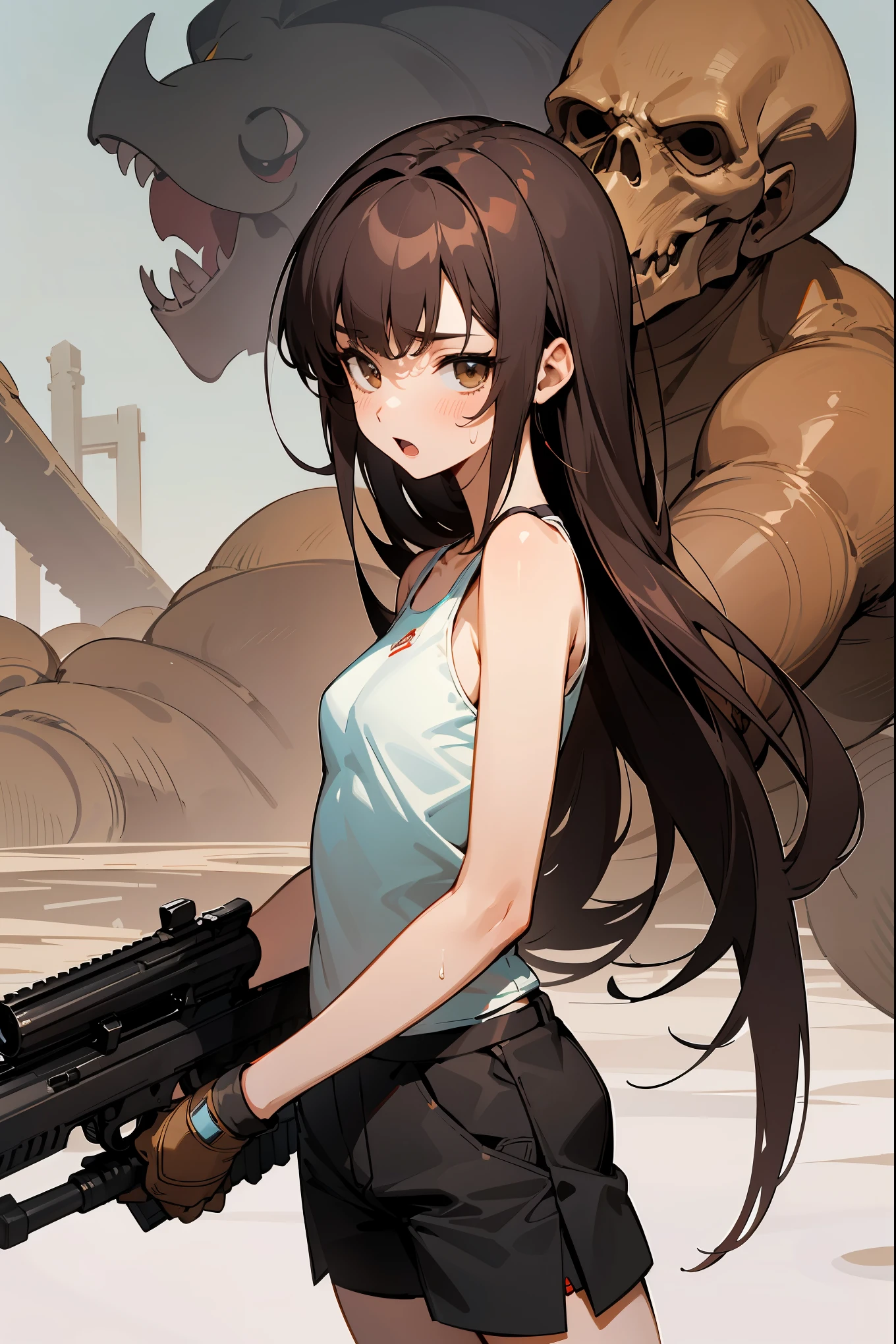 ((fine lineart)), (masterpiece,best Quality),extremely beautiful detai led anime face and eyes,cowboy shot,gal.safetensors,20-year-old、Beauty,monster hunter、solo, brown hair,long hair,brown eyes,Small open mouth、slender body,very small head、medium breasts,brown skin,gleaming skin,oily skin,shiny skin,sweat,shoot a gun、Monsters and combat、(Black combat uniform,tactical vest)、Hold an automatic rifle with both hands、black tight tank top、black shorts,Monsters swarming、monsters are random、fantasy。ancient ruins of central and south america、ancient stone architecture、moonlight、at night、