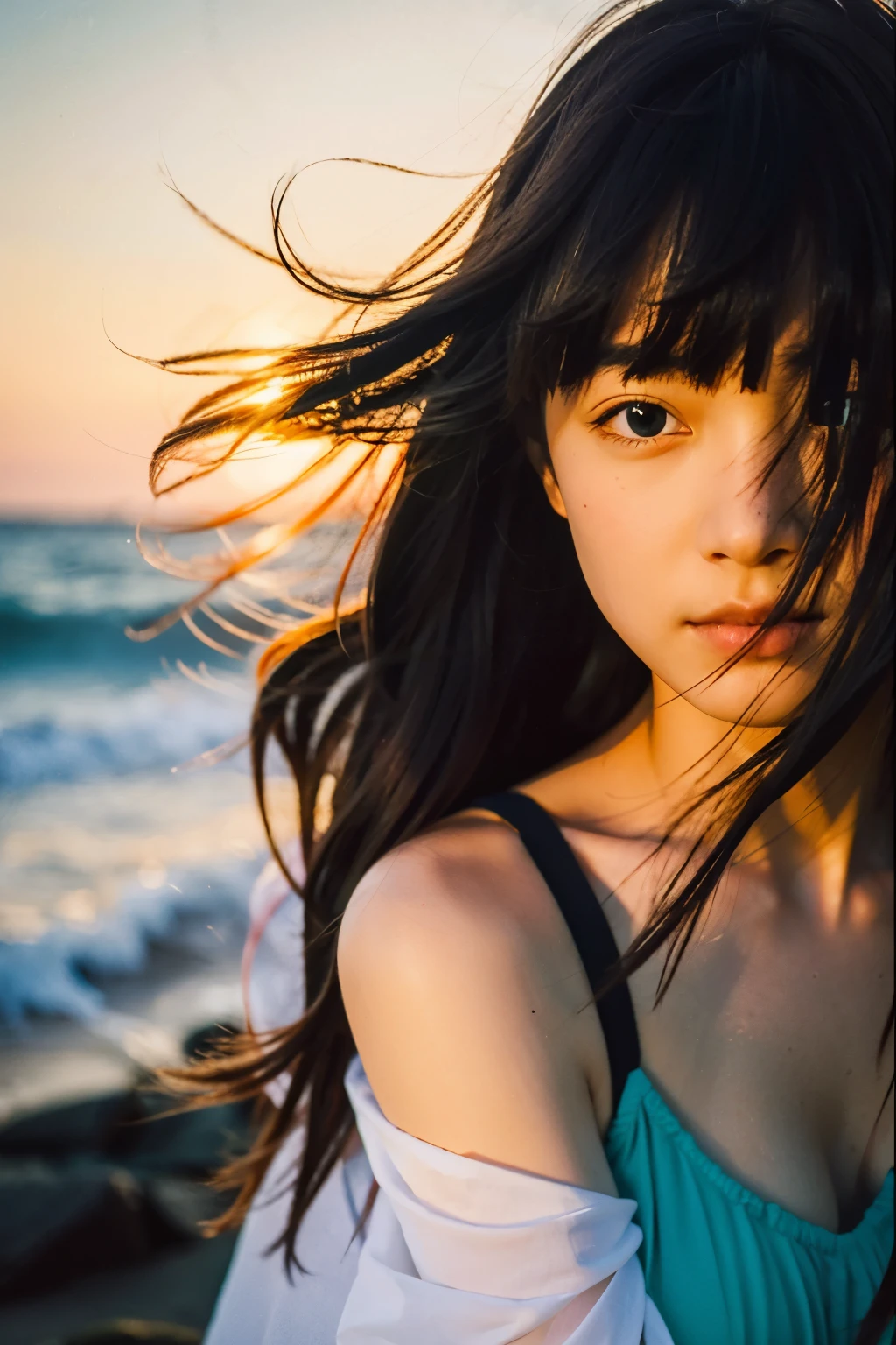 (masterpiece), (best quality), film photography, low key, dark tone, 1girl, portrait, messy hair, windy, sunset, film grain