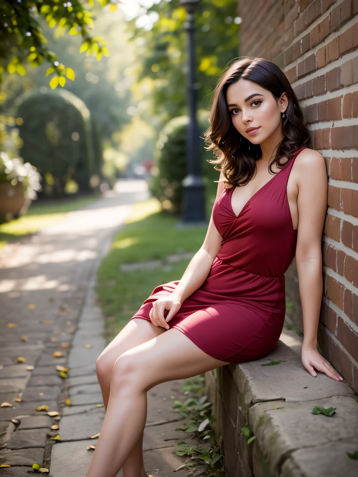 Squatting woman wearing a short red skirt and high heel shoes.