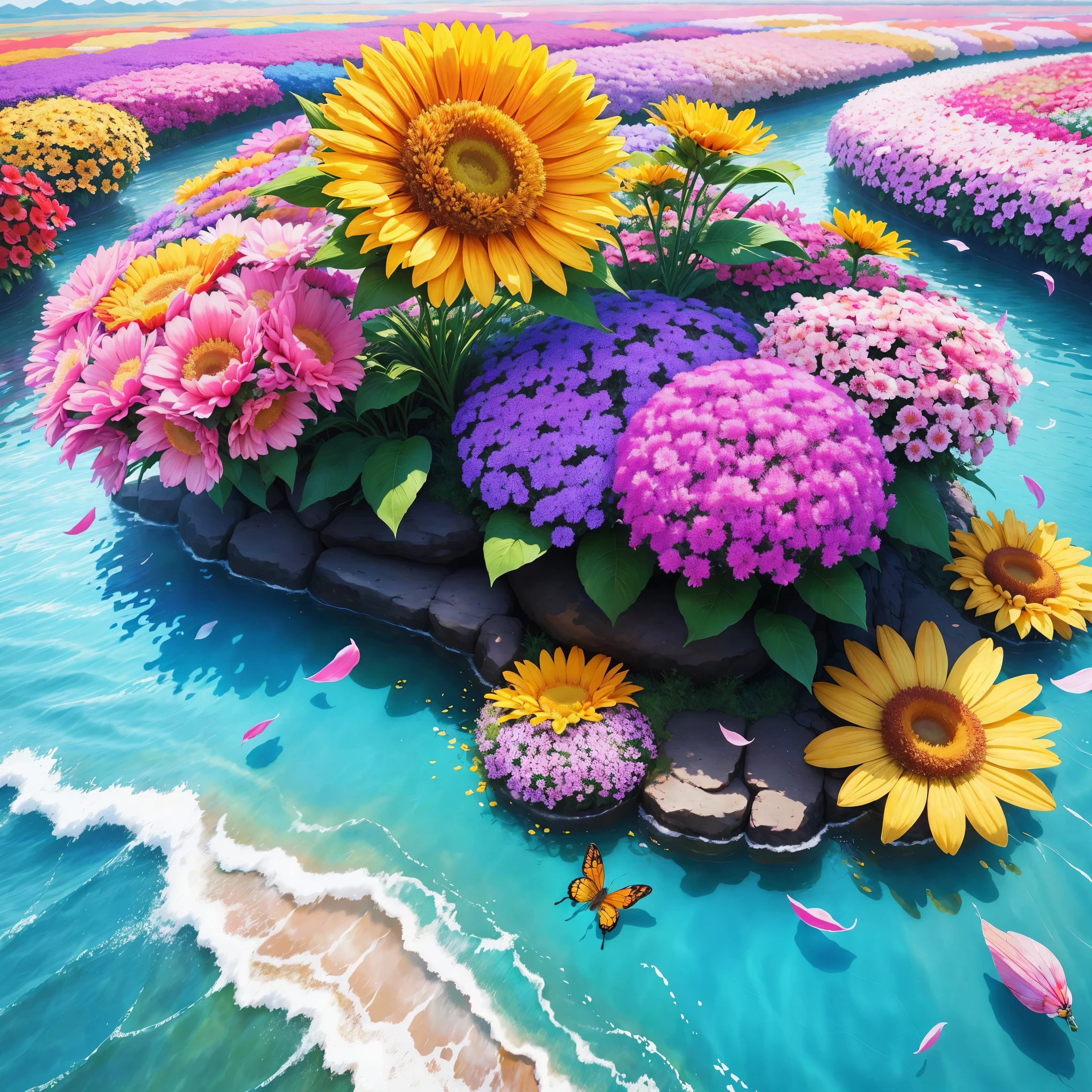 In a sea of colorful flowers，The flowers sway in the wind，sunshine，Warm as spring。Bees buzz，Butterflies flutter，Vibrant。Floral fragrance overflowing，Feel the beauty and vitality of nature。