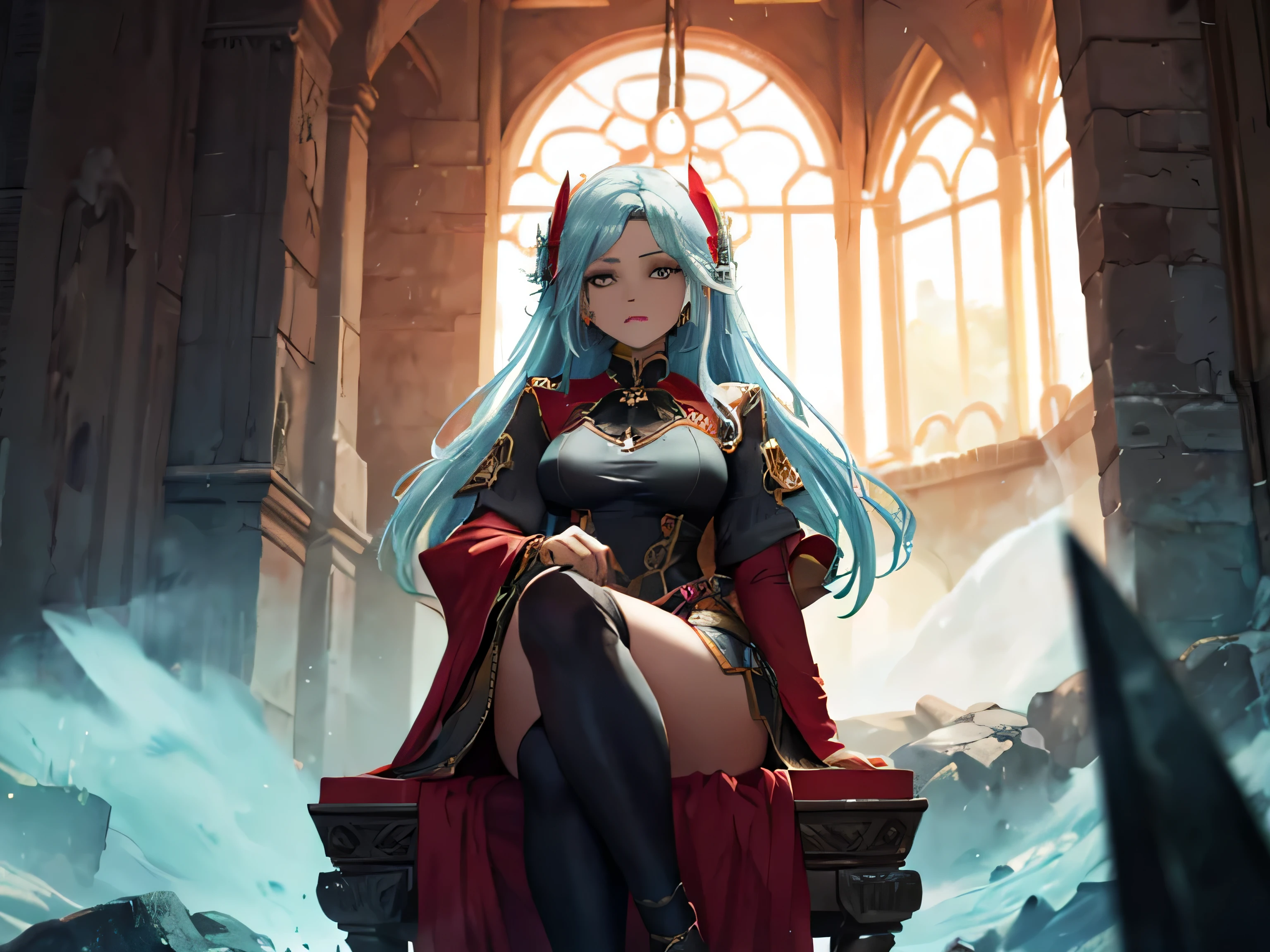 PrinzV4; The image showcases a captivating scene that appears to be lifted straight from a high-quality anime or a PC game, depicting a woman of regal bearing seated upon a throne. Her attire suggests a blend of fantasy and fashion, with intricate details that highlight the craftsmanship of her clothing. The scene is rendered in a style that bridges the gap between digital compositing and traditional cartoon artistry, suggesting a rich narrative context possibly tied to an adventure or action-adventure game. The dominant presence of black in both the foreground and background imbues the image with a sense of mystery and elegance, while an accent color of teal adds a hint of vibrancy and depth to the composition.

The woman’s posture and the design of her throne suggest she holds a significant position of power or authority within the story. Tags associated with the image, such as "strategy video game" and "cg artwork," hint at a complex backdrop likely involving strategic gameplay elements and a meticulously crafted digital world. The presence of a single person, the woman, as the focal point of the composition, underscores her importance in the narrative, with her portrayal exuding confidence and a certain untold backstory waiting to be explored.

The overall ambiance of the scene is both engaging and enigmatic, inviting viewers to speculate about the lore and adventures that lie within this visually rich universe. The image could be a critical moment from a video game or a key frame in an anime series, designed to captivate and intrigue the audience with its blend of action, adventure, and storytelling.