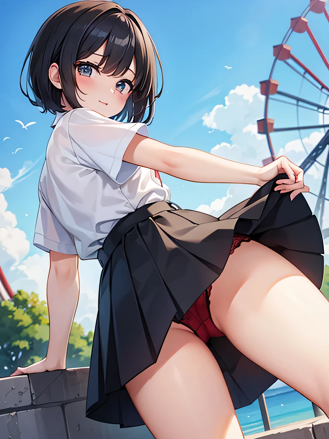(1) A woman is rolling up her skirt by herself.
(2) Her red lace panties are peeking out from her rolled up skirt..
(3) she has short black hair.
(4) She is wearing a white turtle knit and long boots.
(5) The place is an amusement park.