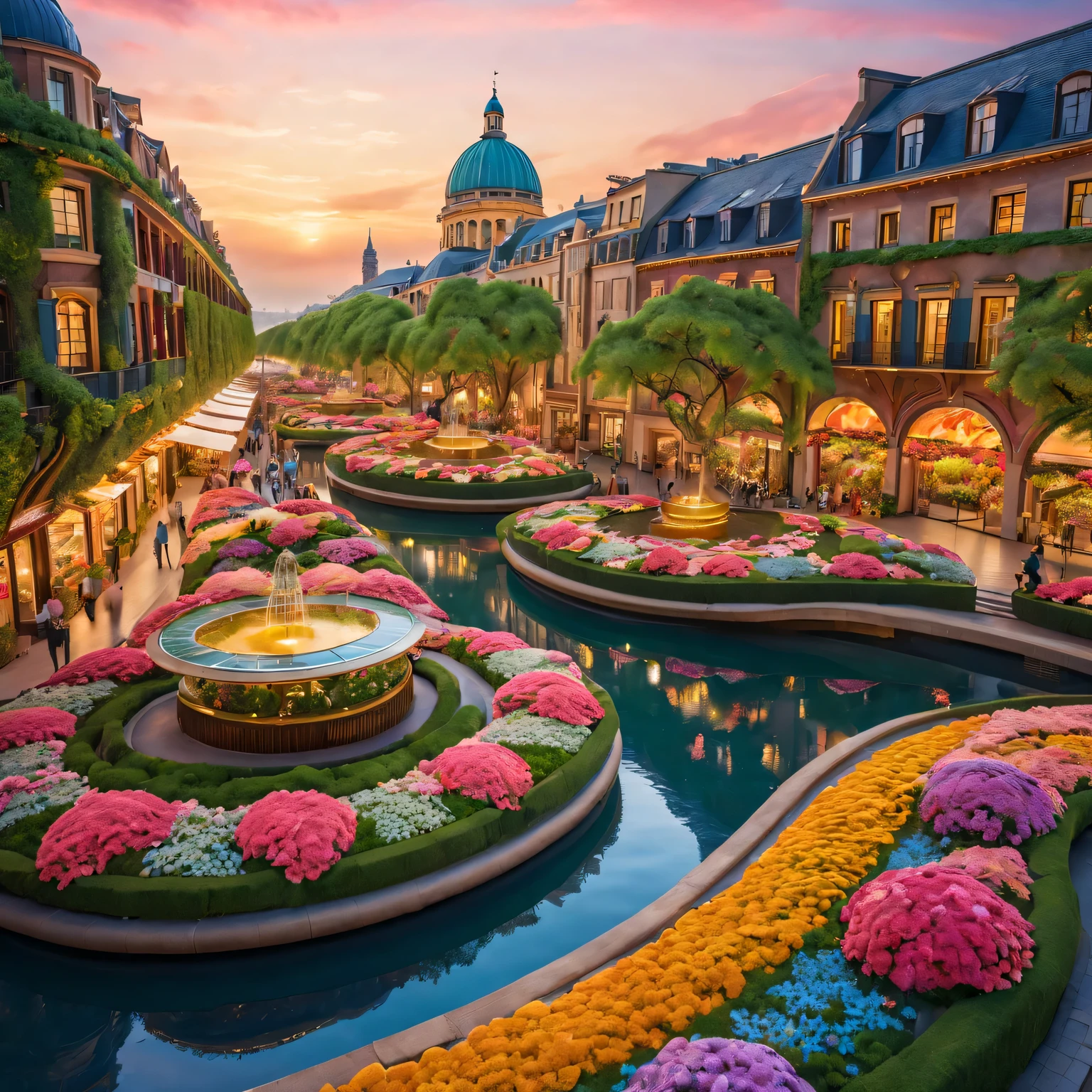 (flower city,flower shaped building,Colorful scenery,sparkling lights,Super detailed,high resolution),floral architecture,futuristic,Botanical paradise,bright colors,brightly lit streets,peaceful atmosphere,flashing city,summer breeze,flower sculpture,Boulevard,charming garden,bustling market,Endless rows of petals,glittering skyscrapers,Harmony between nature and urban fabric,Stunning skyline,architectural marvel,petal shaped windows,Lush green plants,Lively cafes and boutiques,people walking among flowers,Happy outdoor cafe,The scent of blossoms perfumes the air,The interaction of light and shadow,The reflection in the water is dazzling,petals floating on the river,Peaceful park and garden,Impressive plant dome,Meticulous attention to detail,Floral patterns decorating facades,Impressive architectural diversity,aesthetic harmony,magnificent central fountain,An oasis of tranquility in the bustling city,Floral mosaic in city square,Flower-themed festivals and events,Stunning aerial view of the city,More and more vines are climbing up the buildings,flower city上空的迷人日落.