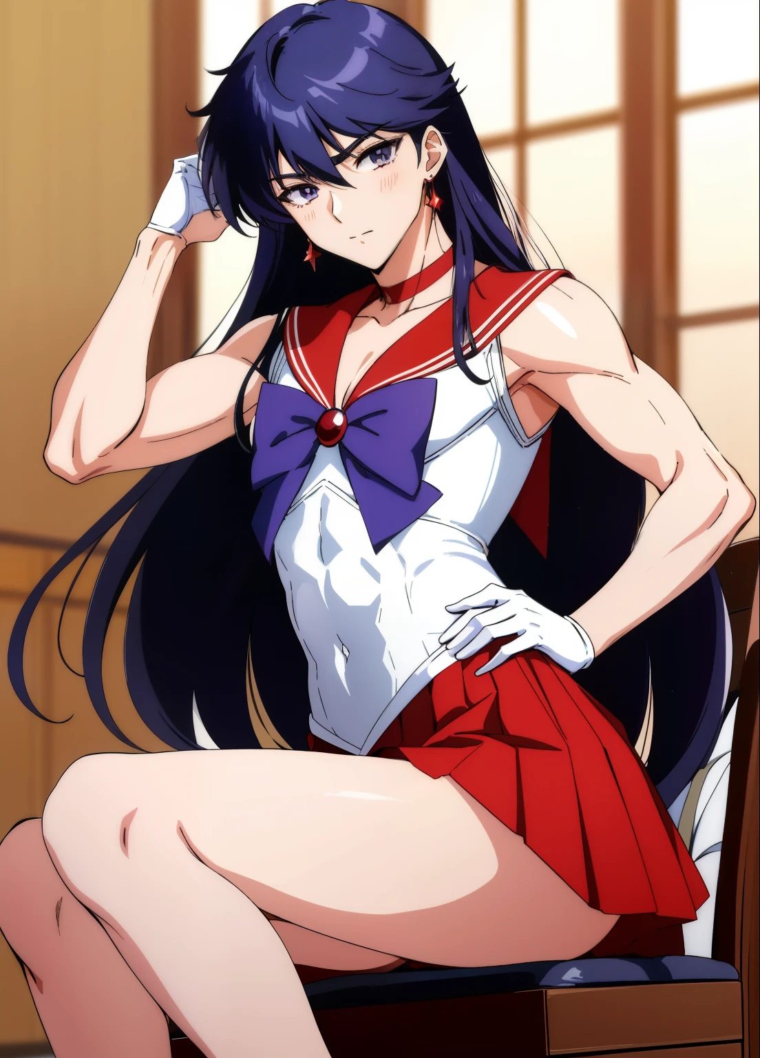 highest quality anime art、masterpiece、high definition anime art、アニメ4Kstyle、High resolution、anime boy、cool boy、Cool Junior High School Boy、Have a subtle facial expression、sailor warrior uniform、sailor mars、gender change、gender change(girl to boy)、red sailor collar、Rei Hino、Masculinization、solo、earrings、jewelry、boy with very long black hair、Masculinization、white leotard、high leg leotard、white dress、white gloves、elbow bag、a boy is sitting on a throne、muscular and strong body、red_back_bow、blue_bow_tie、indoors、castle、red choker、blue bow tie、magical boy、blush、red skirt、skirt、boy with purple eyes、bare shoulders、bare legs、circlet、bow、back_bow、mini skirt、pleated skirt、rating:questionable、Hymn to the King as a Prince、(1990s\(style\):0.9)、