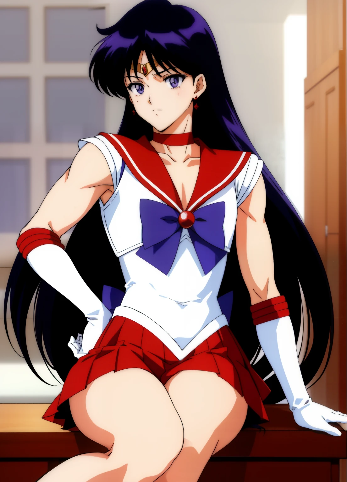 highest quality anime art、masterpiece、high definition anime art、アニメ4Kstyle、High resolution、anime boy、cool boy、Cool Junior High School Boy、Have a subtle facial expression、sailor warrior uniform、sailor mars、gender change、gender change(girl to boy)、red sailor collar、Rei Hino、Masculinization、solo、earrings、jewelry、boy with very long black hair、Masculinization、white leotard、high leg leotard、white dress、white gloves、elbow bag、a boy is sitting on a throne、muscular and strong body、red_back_bow、blue_bow_tie、indoors、castle、red choker、blue bow tie、magical boy、blush、red skirt、skirt、boy with purple eyes、bare shoulders、bare legs、circlet、bow、back_bow、mini skirt、pleated skirt、rating:questionable、Hymn to the King as a Prince、(1990s\(style\):0.9)、