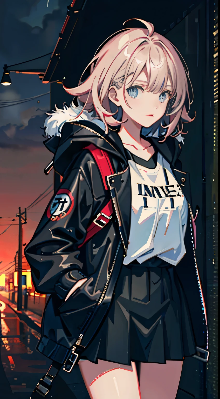 1 girl, Jacket, rain, outdoors, hoodie, open Jacket, Backpack, looking at something else, messy hair, Trending at Art Station, 8K resolution, very detailed, anatomically correct, clear image, digital painting, concept art, It&#39;s trending on pixiv