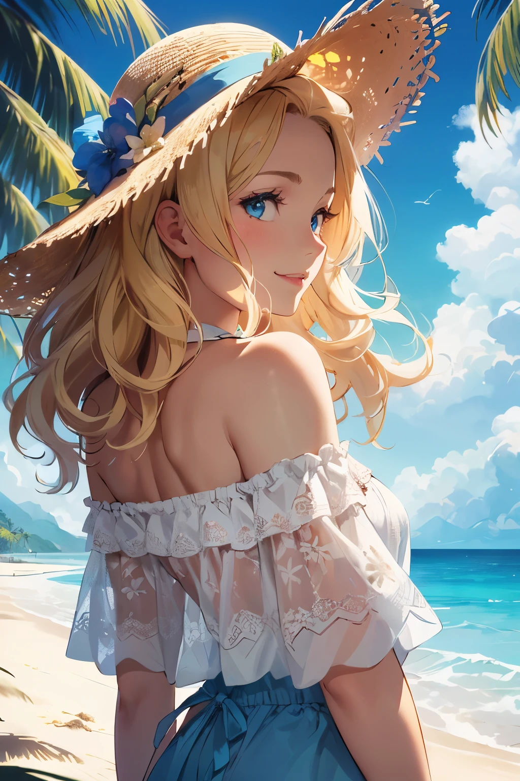 Rococo style, (movie poster:1.2), Soft lighting, (Dramatic angle:1.25), (One:1.4), (1 girl), ((blonde hair), Long Curly Hair), Blue eyes, (smile), beach straw hat, (off shoulder shirt), hat flower, (Looking away:1.3), fantastically colorful, sea, coconut palm, blue sky with clouds, (beach:1.3), (Masterpiece:1.2), ultra detailed, (Best quality), Illustration, (depth of field)