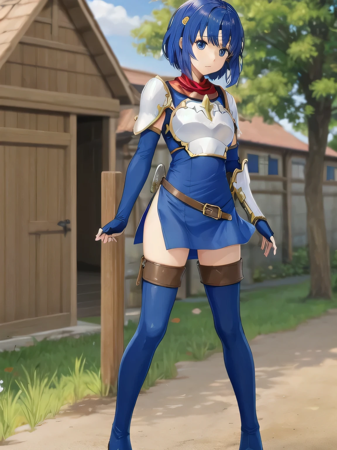 Katria_nm, cute, blue hair, short hair, blue eyes, cute, thin waist, small, Tight, medium breasts, bare shoulders, red neckerchief, blue elbow gloves, blue fingerless gloves, shoulder armor, belt, breastplate, white headband, short dress, dress slit, blue tight boots, Blue Long Boots, Pegasus knight uniform (Fire emblem), low length, middle ages, village,