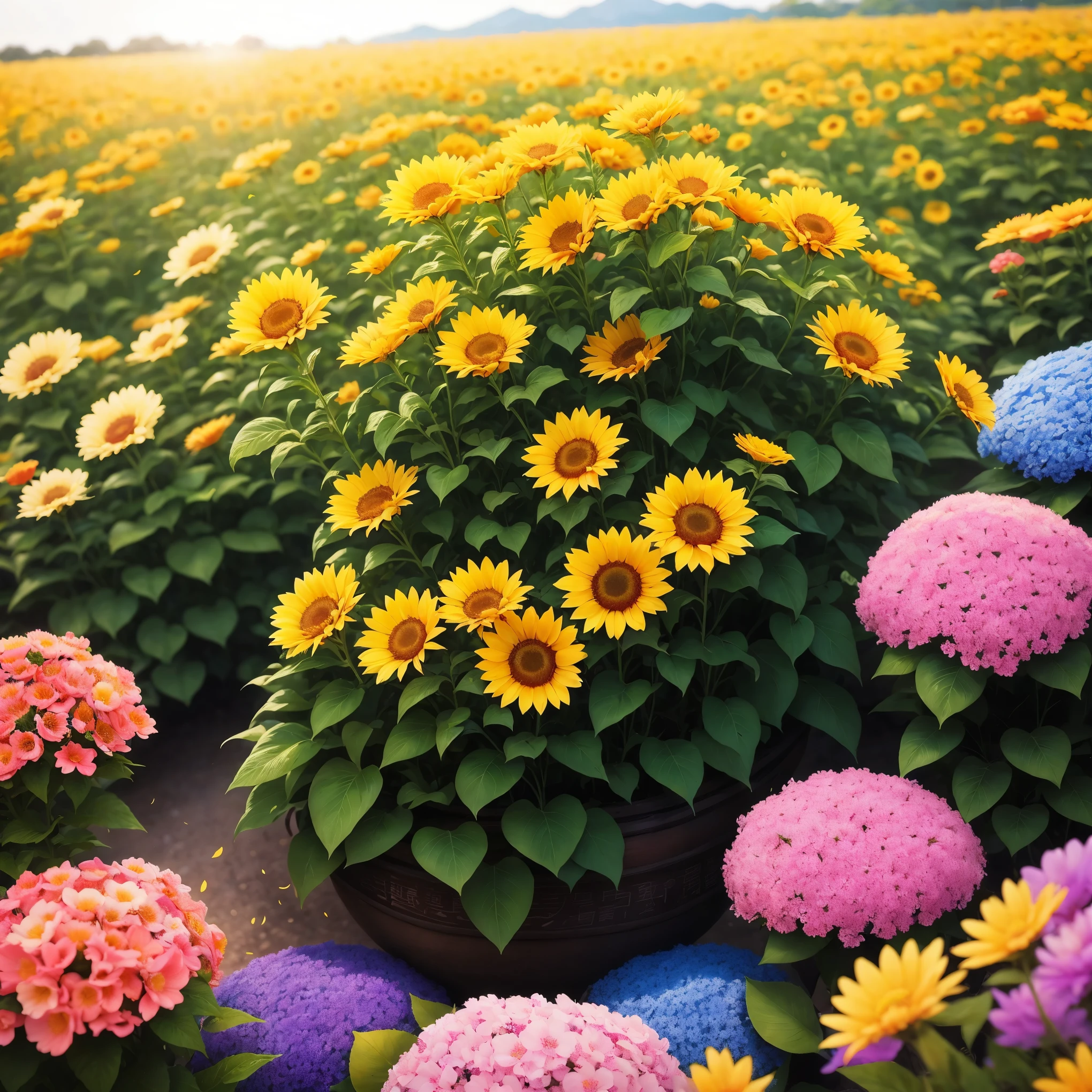 In a sea of colorful flowers，The flowers sway in the wind，sunshine，Warm as spring。Bees buzz，Butterflies flutter，Vibrant。Floral fragrance overflowing，Feel the beauty and vitality of nature。
