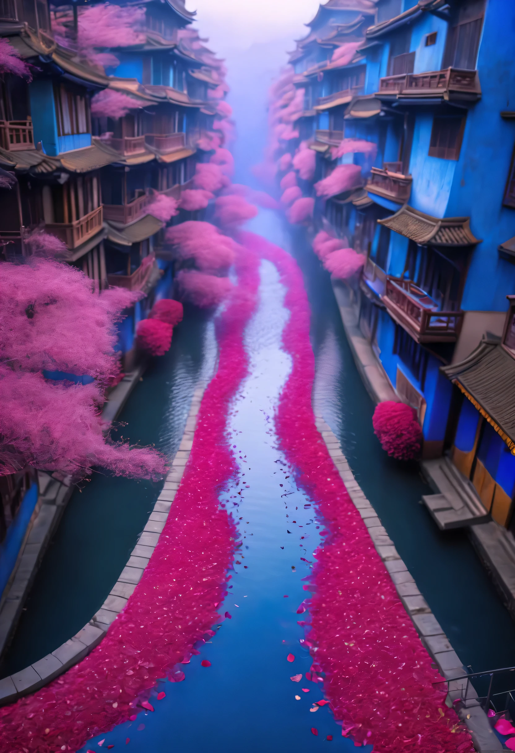 The wide drop-shaped river channel is surrounded by dense rose petals, blue lake, 国家地理photography风格, Exaggerated visual composition and color, 鸟瞰photography, 开创性的彩色photography, complex weave, photography, Vibrant and exaggerated scenery,