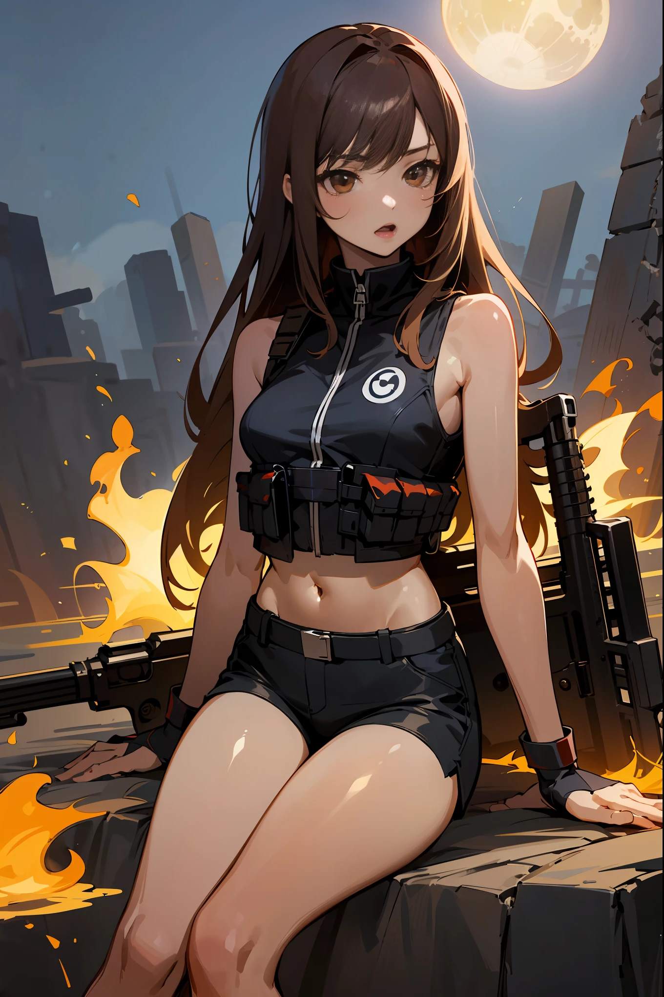 ((fine lineart)), (masterpiece,best Quality),extremely beautiful detai led anime face and eyes,cowboy shot,gal.safetensors,20-year-old、Beauty,female explorer、solo, brown hair,long hair,brown eyes,Small open mouth、slender body,very small head、medium breasts,brown skin,gleaming skin,oily skin,shiny skin,sitting,(Black combat uniform,tactical vest)、With an automatic rifle、black tight tank top、black micromini shorts,bonfire,camp、ancient ruins of central and south america、ancient stone architecture、moonlight、at night、