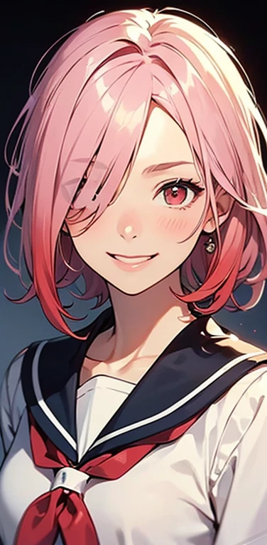 (8K、highest quality、masterpiece:1.2)、Super detailed、super resolution、Realistic、1girl、(light pink gradient hair)、((hair over one eye:1.5,RED eyes:1.2))、(face focus:1.3,upper body:1.5),(gradient hair:1.5),(sailor uniform:1.3)、(Nasty smile:1.3),cute face,small breasts,school girl,
