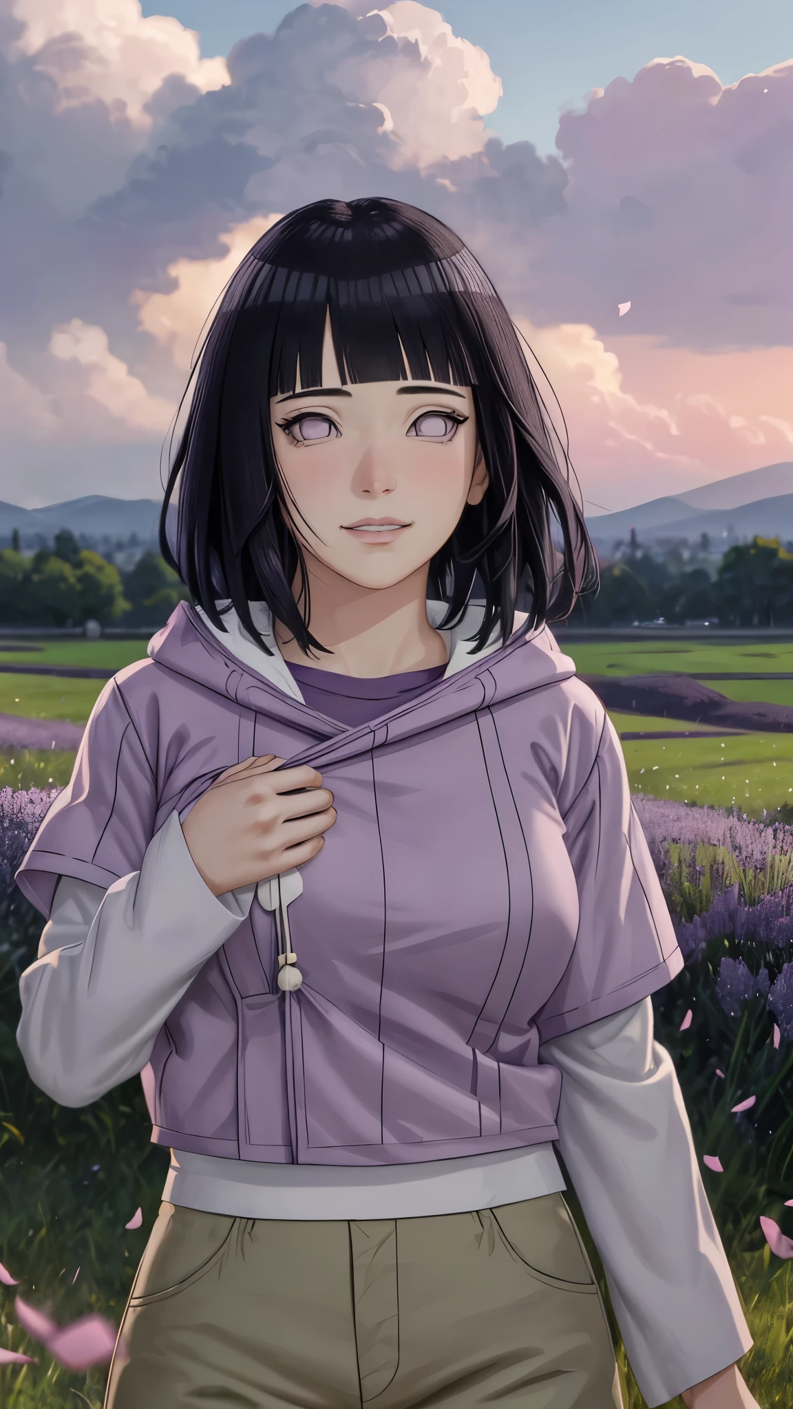 masterpiece, absurdres, hinata\(boruto\), 1girl, solo,mature female, purple hoodie,layered sleeves, brown pants,  outdoors,lavender flower field, looking at viewer, (falling petals), cloudy sky, perfect composition, detailed lips, big breast, beautiful face, body propotion, blush, (pink lips), long hair,  purple eyes,  soft gaze, sad smile,  super realistic, detailed, photoshoot, realistic face and body,  realistic hair, realistic eyes, realistic nose, realistic lips