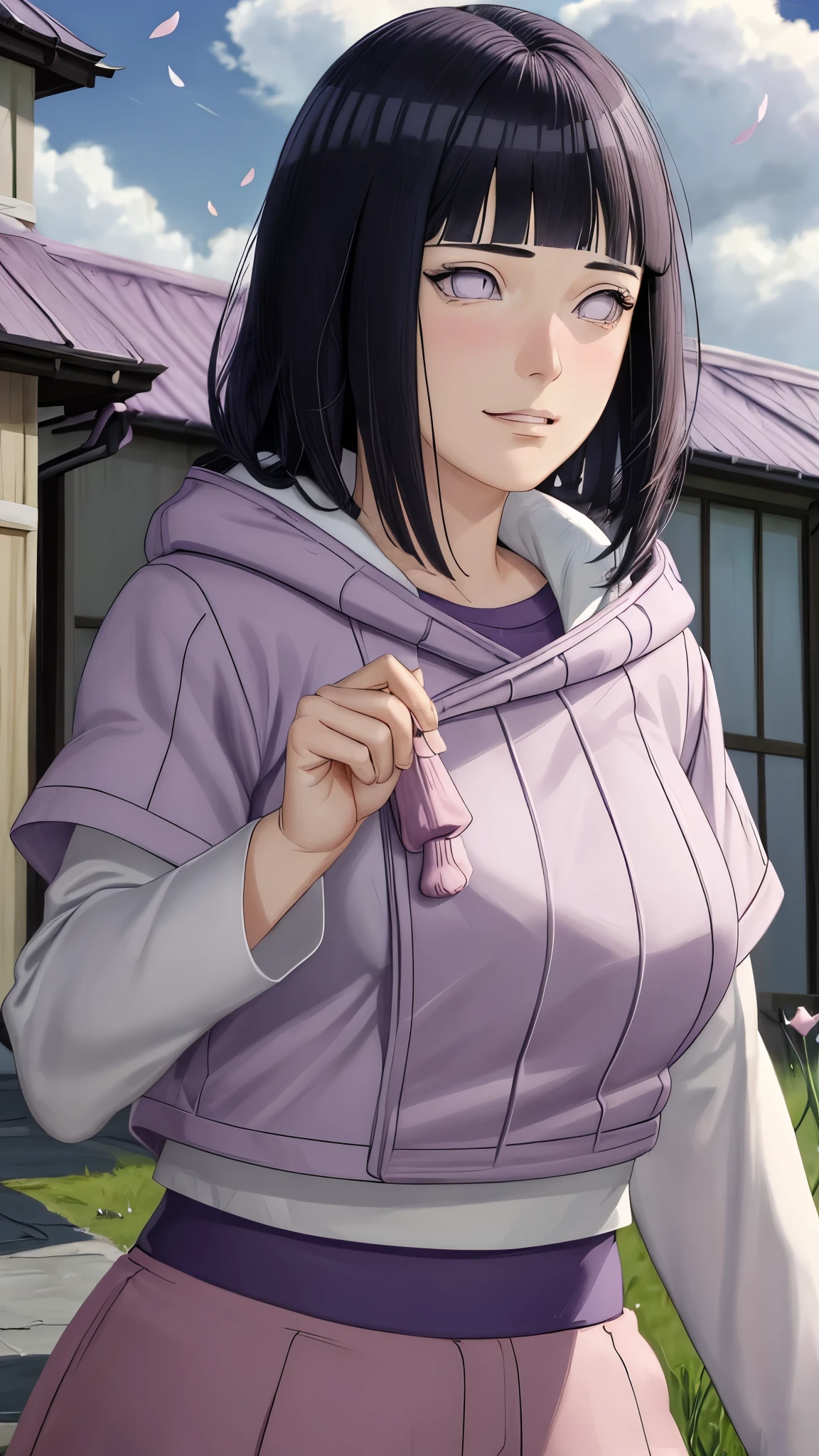 masterpiece, absurdres , (intricate details), (colorful),cinematic lighting,extremely detailed CG unity 8k wallpaper ,hinata\(boruto\), 1girl, solo, purple hoodie ,brown pants,layered sleeves, cowboy shot, looking back, looking at viewer,smile, outdoors, lavender flower field,flower, day, cloudy sky, wind, floating hair, falling petals, big breast, big tits, big boobs