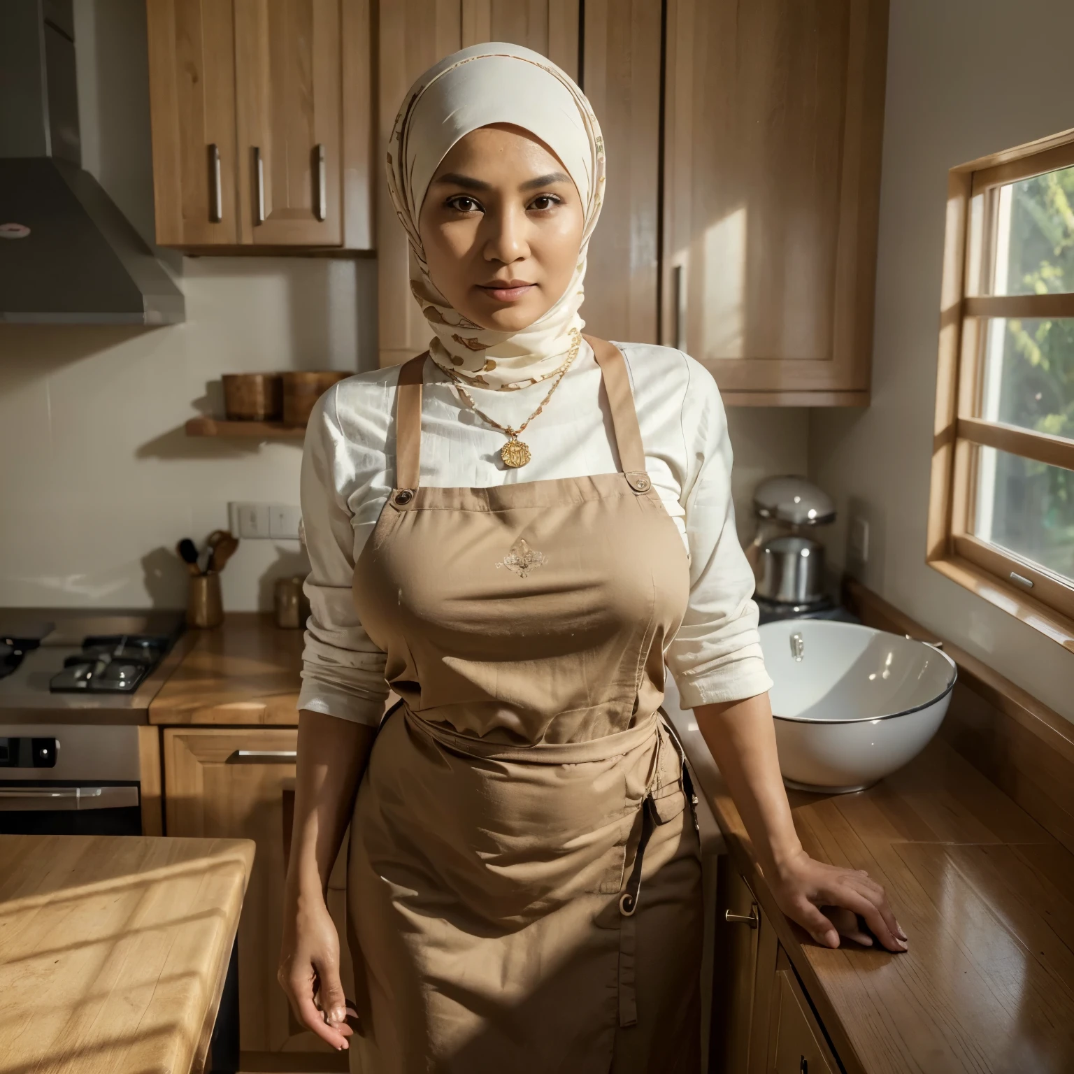 (Best quality, 8k, masterpiece: 1.3), 50 years old, a beautiful mature woman with perfect figure: 1.4, Indonesian Woman, Wear Hijab, wearing a pendant, wearing an apron, in the kitchen, highly detailed face and skin, detailed eyes, double eyelids, big breasts, standing near kitchen table, full body
