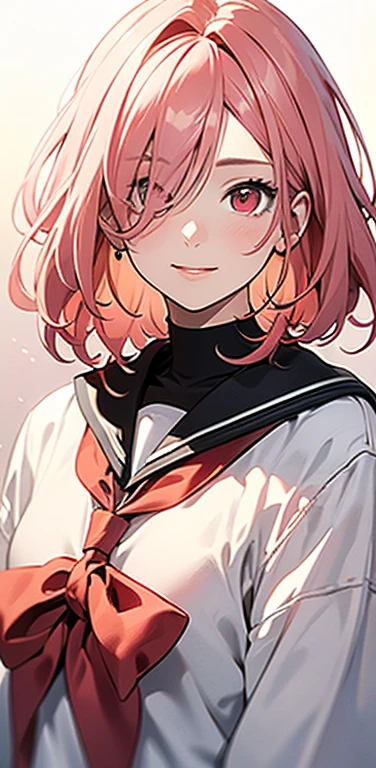 (8K、highest quality、masterpiece:1.2)、Super detailed、super resolution、Realistic、1girl、(light pink gradient hair)、((hair over one eye:1.5,RED eyes:1.2))、(face focus:1.3,upper body:1.5),(gradient hair:1.5),(sailor uniform:1.3)、(Nasty smile:1.3),cute face,small breasts,school girl,
