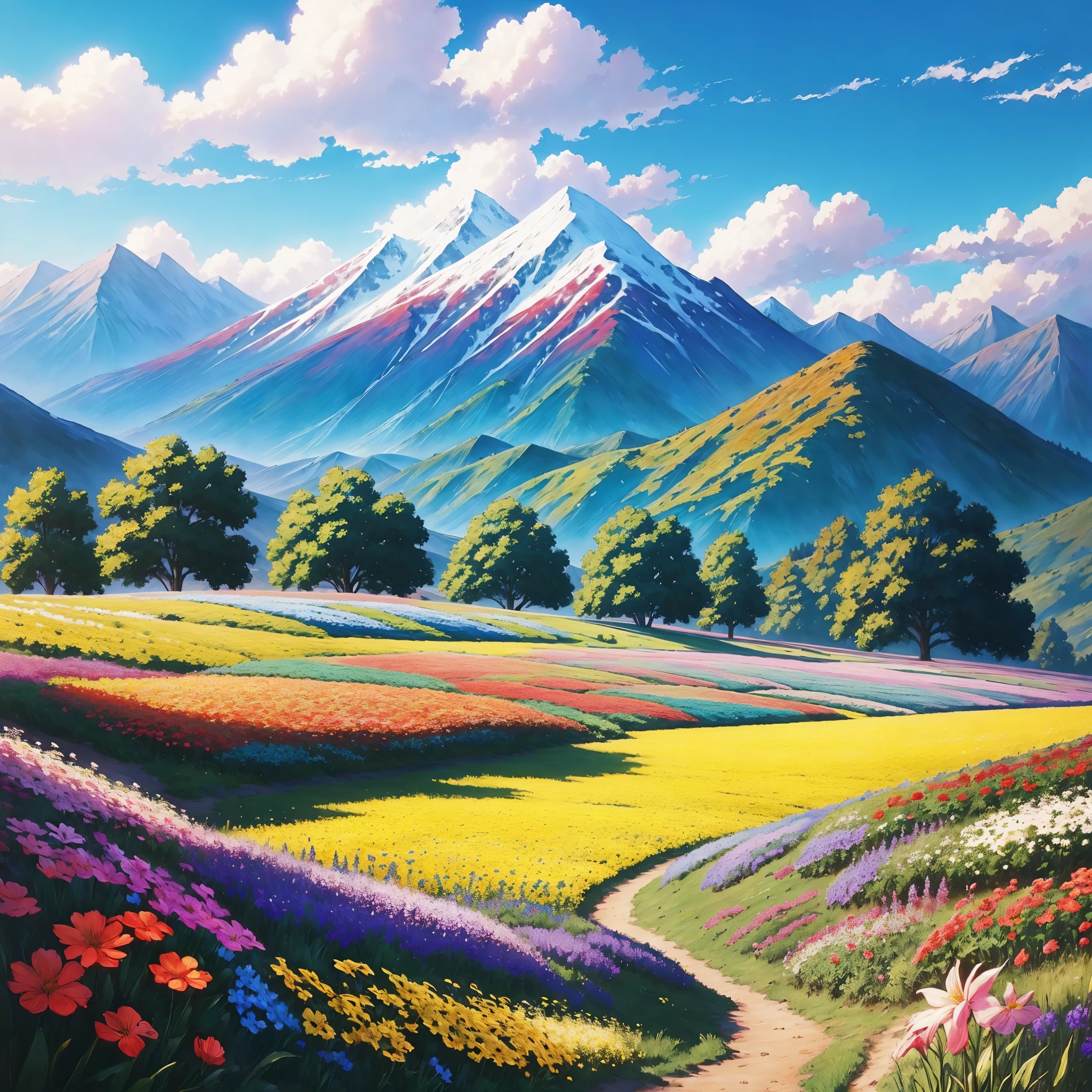 Flower field,(masterpiece:1.2), Outdoor, mountains, depth of field, blue sky, telephoto, horizon, nature, acg , Makoto Shinkai
detail of flower , many flower, colorful