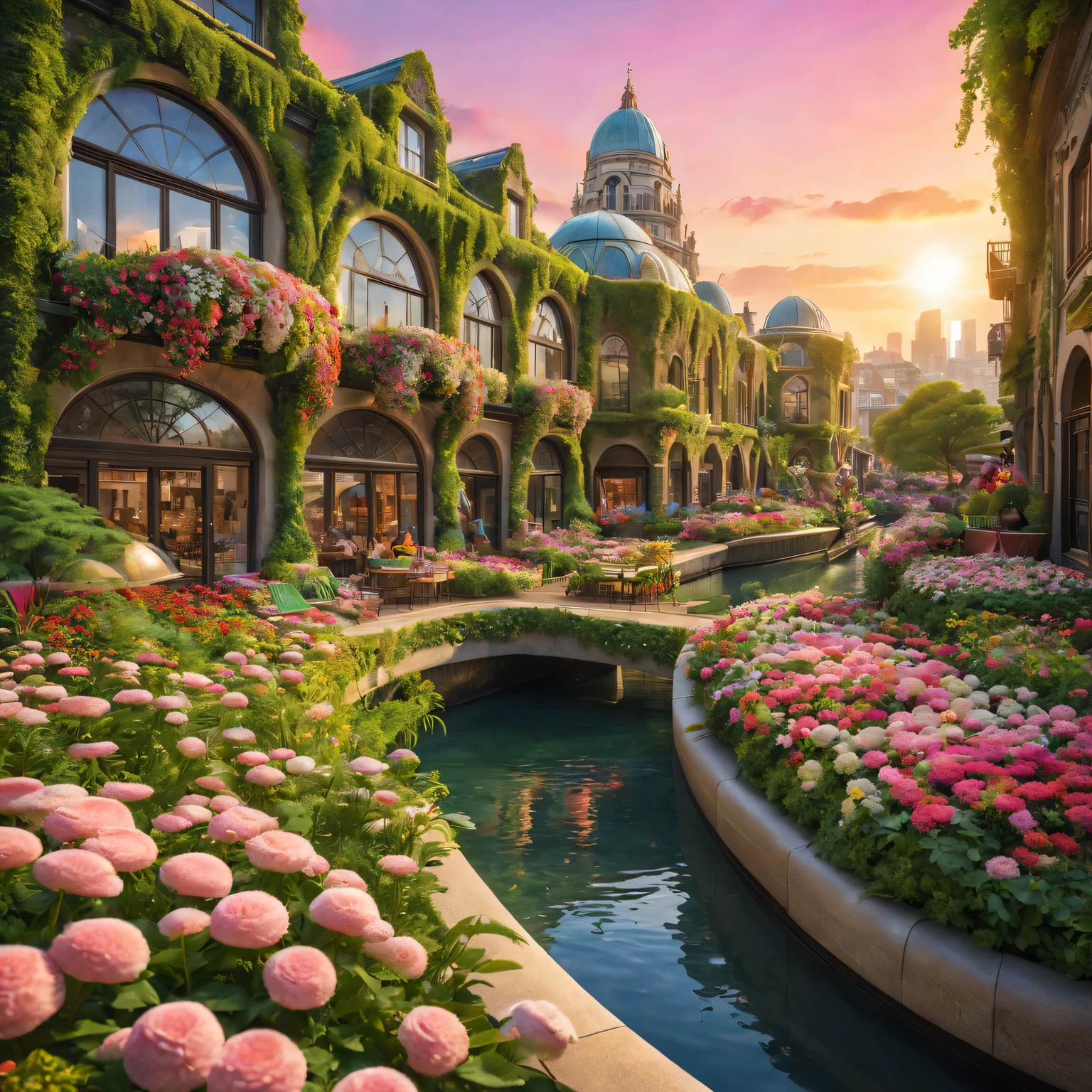 (flower city,flower shaped building,Colorful scenery,sparkling lights,Super detailed,high resolution),floral architecture,futuristic,Botanical paradise,bright colors,brightly lit streets,peaceful atmosphere,flashing city,summer breeze,flower sculpture,Boulevard,charming garden,bustling market,Endless rows of petals,glittering skyscrapers,Harmony between nature and urban fabric,Stunning skyline,architectural marvel,petal shaped windows,Lush green plants,Lively cafes and boutiques,people walking among flowers,Happy outdoor cafe,The scent of blossoms perfumes the air,The interaction of light and shadow,The reflection in the water is dazzling,petals floating on the river,Peaceful park and garden,Impressive plant dome,Meticulous attention to detail,Floral patterns decorating facades,Impressive architectural diversity,aesthetic harmony,magnificent central fountain,An oasis of tranquility in the bustling city,Floral mosaic in city square,Flower-themed festivals and events,Stunning aerial view of the city,More and more vines are climbing up the buildings,flower city上空的迷人日落.