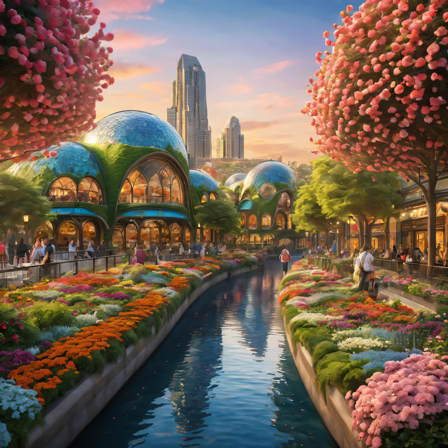 (flower city,flower shaped building,Colorful scenery,sparkling lights,Super detailed,high resolution),floral architecture,futuristic,Botanical paradise,bright colors,brightly lit streets,peaceful atmosphere,flashing city,summer breeze,flower sculpture,Boulevard,charming garden,bustling market,Endless rows of petals,glittering skyscrapers,Harmony between nature and urban fabric,Stunning skyline,architectural marvel,petal shaped windows,Lush green plants,Lively cafes and boutiques,people walking among flowers,Happy outdoor cafe,The scent of blossoms perfumes the air,The interaction of light and shadow,The reflection in the water is dazzling,petals floating on the river,Peaceful park and garden,Impressive plant dome,Meticulous attention to detail,Floral patterns decorating facades,Impressive architectural diversity,aesthetic harmony,magnificent central fountain,An oasis of tranquility in the bustling city,Floral mosaic in city square,Flower-themed festivals and events,Stunning aerial view of the city,More and more vines are climbing up the buildings,flower city上空的迷人日落.