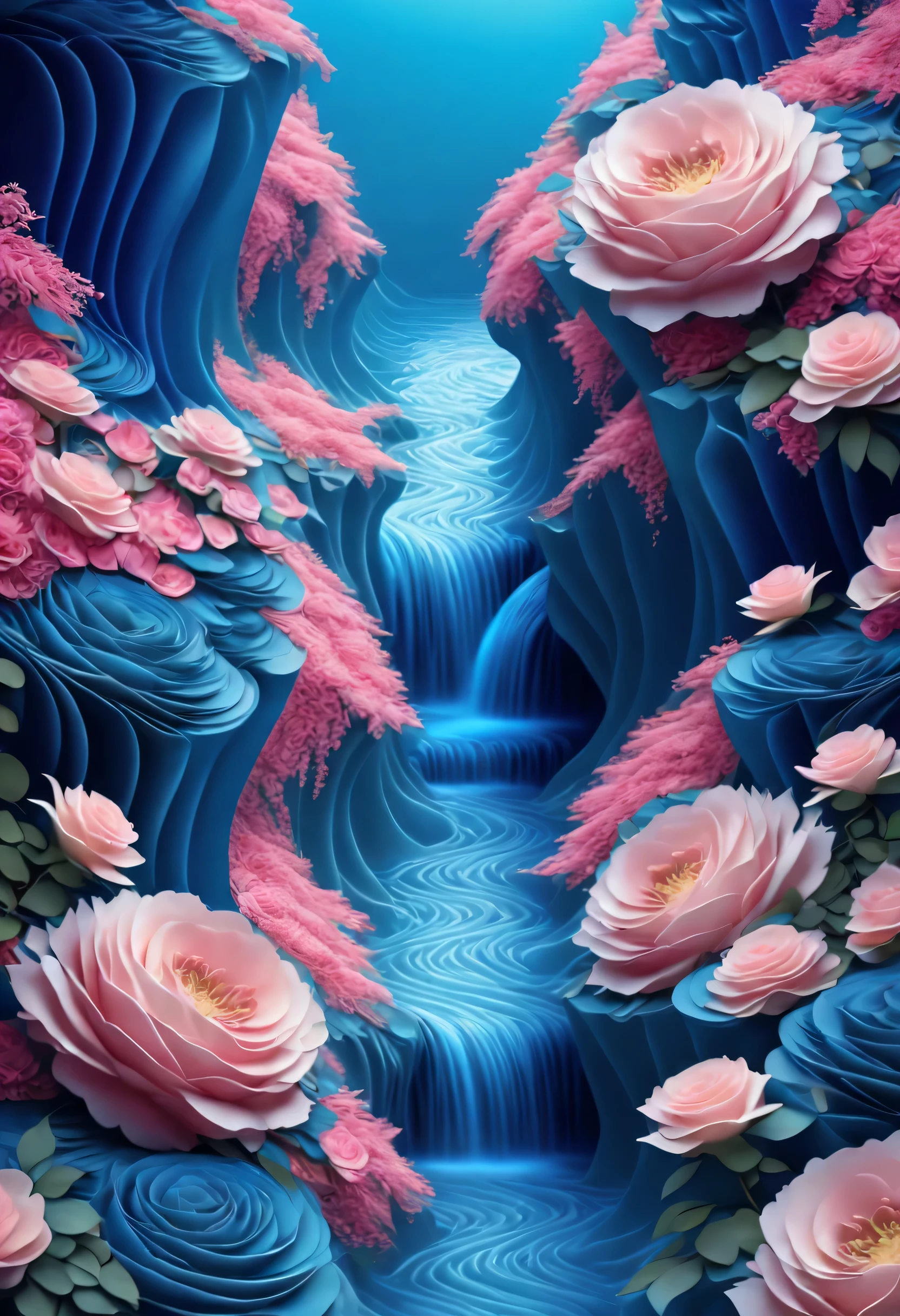 Large drop-shaped water channel surrounded by lush bouquets of roses, blue lake, 国家地理photography风格, Exaggerated visual composition and color, 鸟瞰photography, 开创性的彩色photography, complex weave, photography, Vibrant and exaggerated scenery,