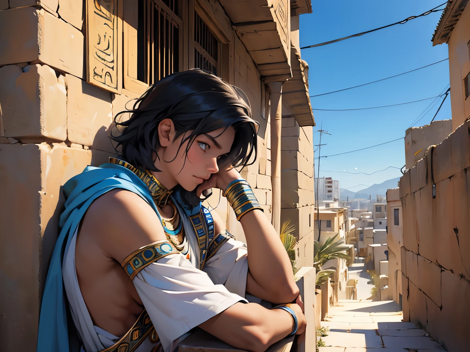 There is a 16 year old boy strangely dressed in Egyptian tribal clothes., su cabello pelo es de color azul ojos azules esta en lo alto de un internado en la terraza mirando una ciudad esta desconcertado algo triste vista desde abajo 