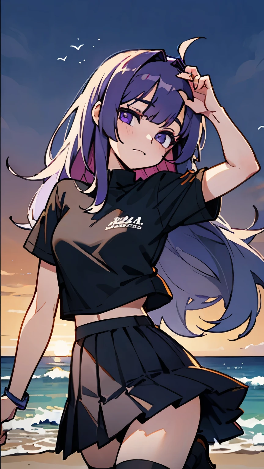 purple eyes,long purple hair,8k resolution,Sunset,black shirt,black pleated skirt,black knee socks,Black Martin boots,beach,seaside