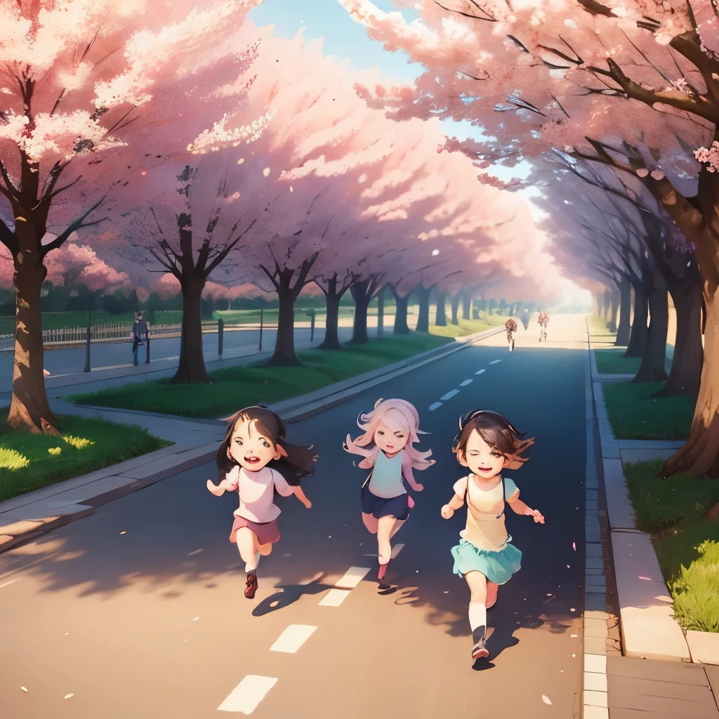 Children running along the cherry blossom trees in full bloom, adorable digital paintings, Art Station Art for Kids, cute digital art, A cute boy,pretty girl, digital cartoon painting art, Written by Ku Lei Lei, cute detailed digital art, Written by Li Song, by Goro Fujita, Gwaites style artwork, cute cartoon, Children's cartoons, cute art style