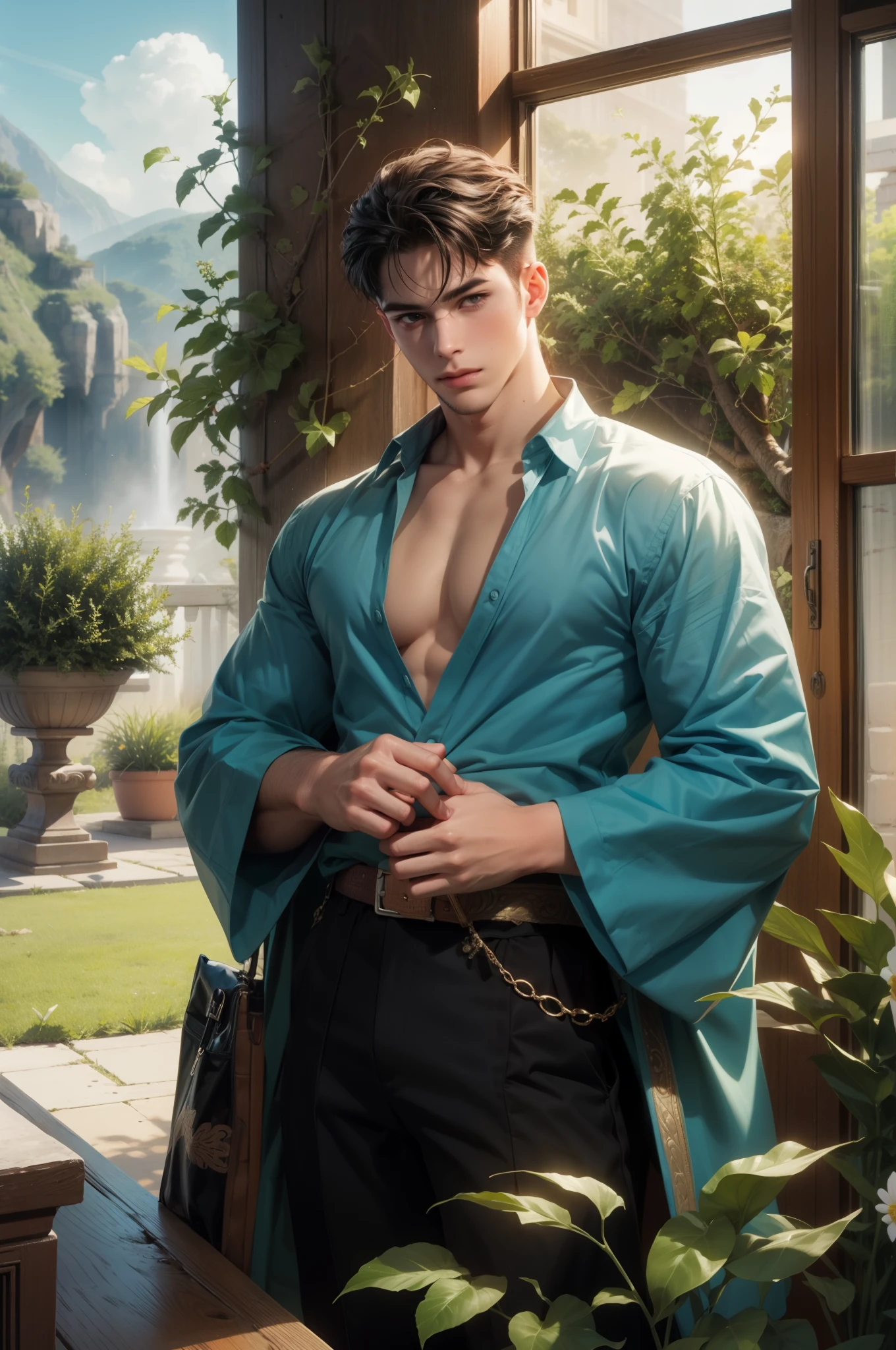 best quality, masterpiece, amazing work, intricate details, linear lighting, ultra detailed, clear face, handsome student short hair, perfect face, lenient eyes, detailed scenery background