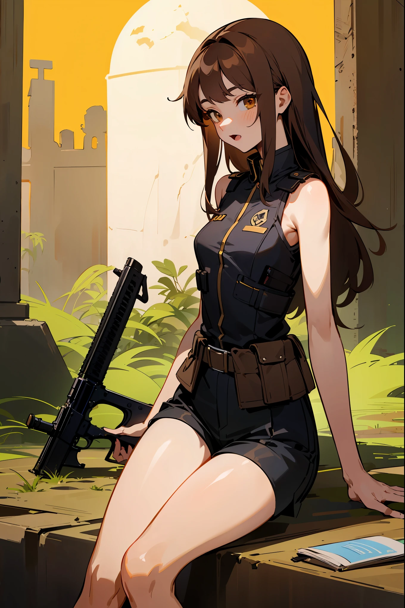 ((fine lineart)), (masterpiece,best Quality),extremely beautiful detai led anime face and eyes,cowboy shot,gal.safetensors,20-year-old、Beauty,female explorer、solo, brown hair,long hair,brown eyes,Small open mouth、slender body,very small head、medium breasts,brown skin,gleaming skin,oily skin,shiny skin,sitting,(Black combat uniform,tactical vest、sleeveless)、With an automatic rifle、black micromini shorts,bonfire,camp、ancient ruins of central and south america、ancient stone architecture、moonlight、at night、