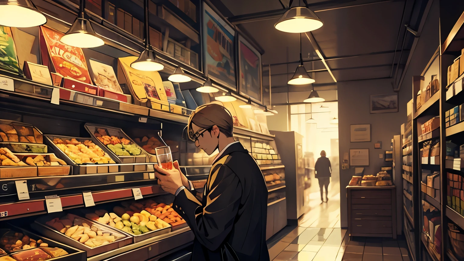 stale snacks,holding a drink in one hand,A man looking down a little,tobacco,dark store