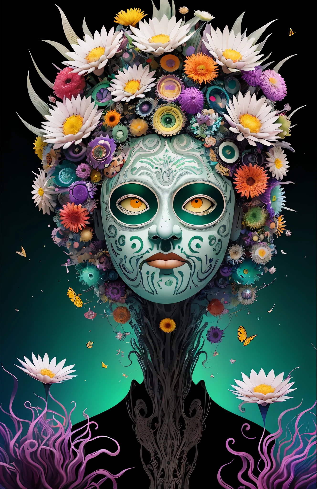 3d mask with various ordinary objects on it,Spiky blonde hair,texture, complex, many white flowers，Gorgeous, shadow, pastel colors, 3d, mask, Very detailed, Deco, tim burton, Salvador dali, Cheng Xiaolong, Cyril Rolando, inspired by J. d. lasso, 3d stereoscopic，pop color style, Photo portrait surrounded by orbiting planetary satellites, green hair spiky hair, make me jealous, Mark Leyden, Alberto Seveso, creek shade, Anna dietman, Flora Bossi, 8k resolution, perfect composition, Milky Way, rainbow colors, flying insects, scales, wing, blue, texture, complicated, Gorgeous, shadow, pastel colors,mask， 3d, Very detailed, deco, tim burton, dale Chihuly, Xiaolongcheng, Cyril Rolando, by J. Jitter，Flower heads are empty，artwork，display stand，sculpture，Craftsmanship，artwork，