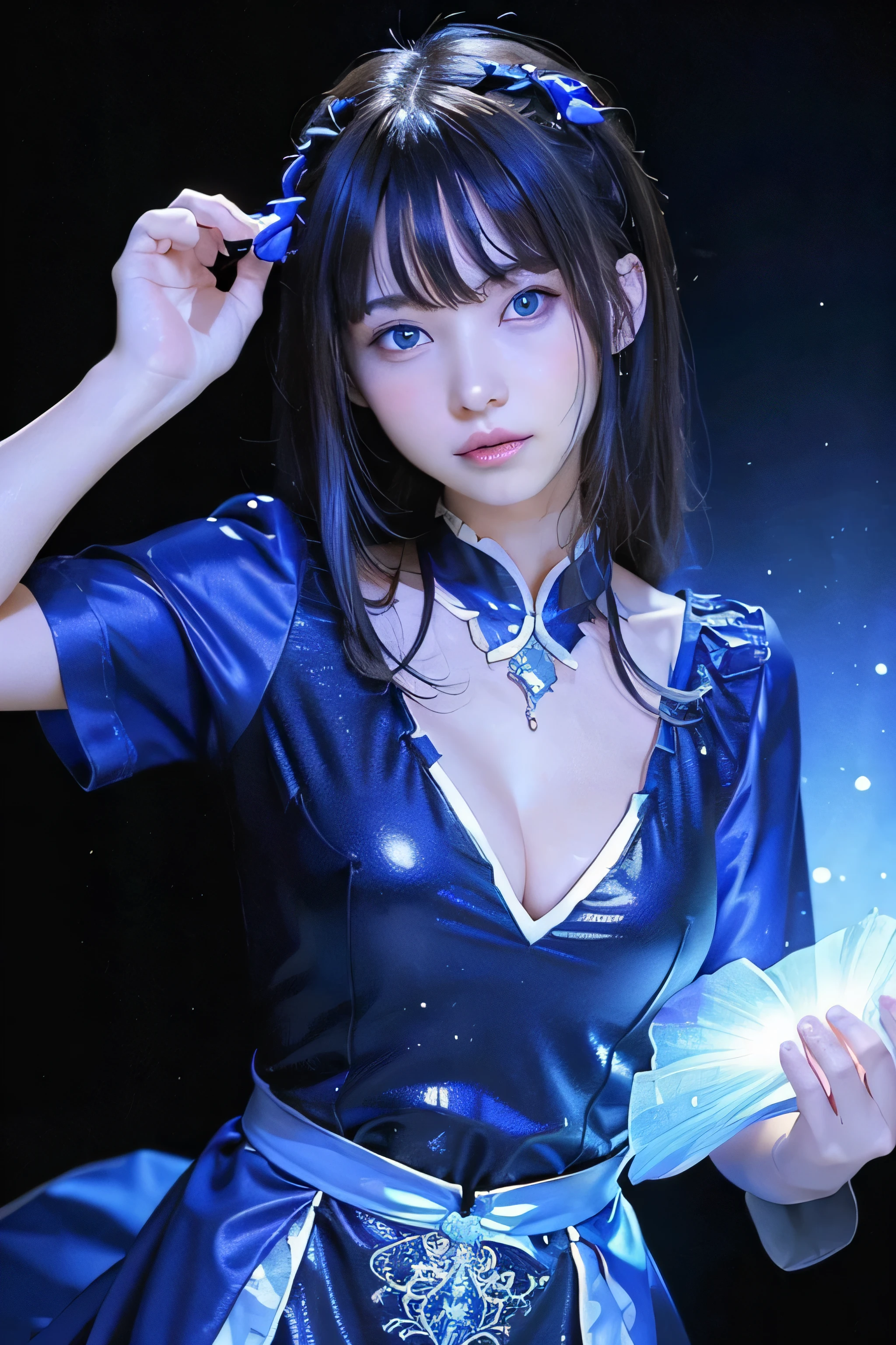 ((masterpiece))、((highest quality))、1garlic、beautiful girl with a cold face、dark cave background、Watery blue eyes that glow in the dark、