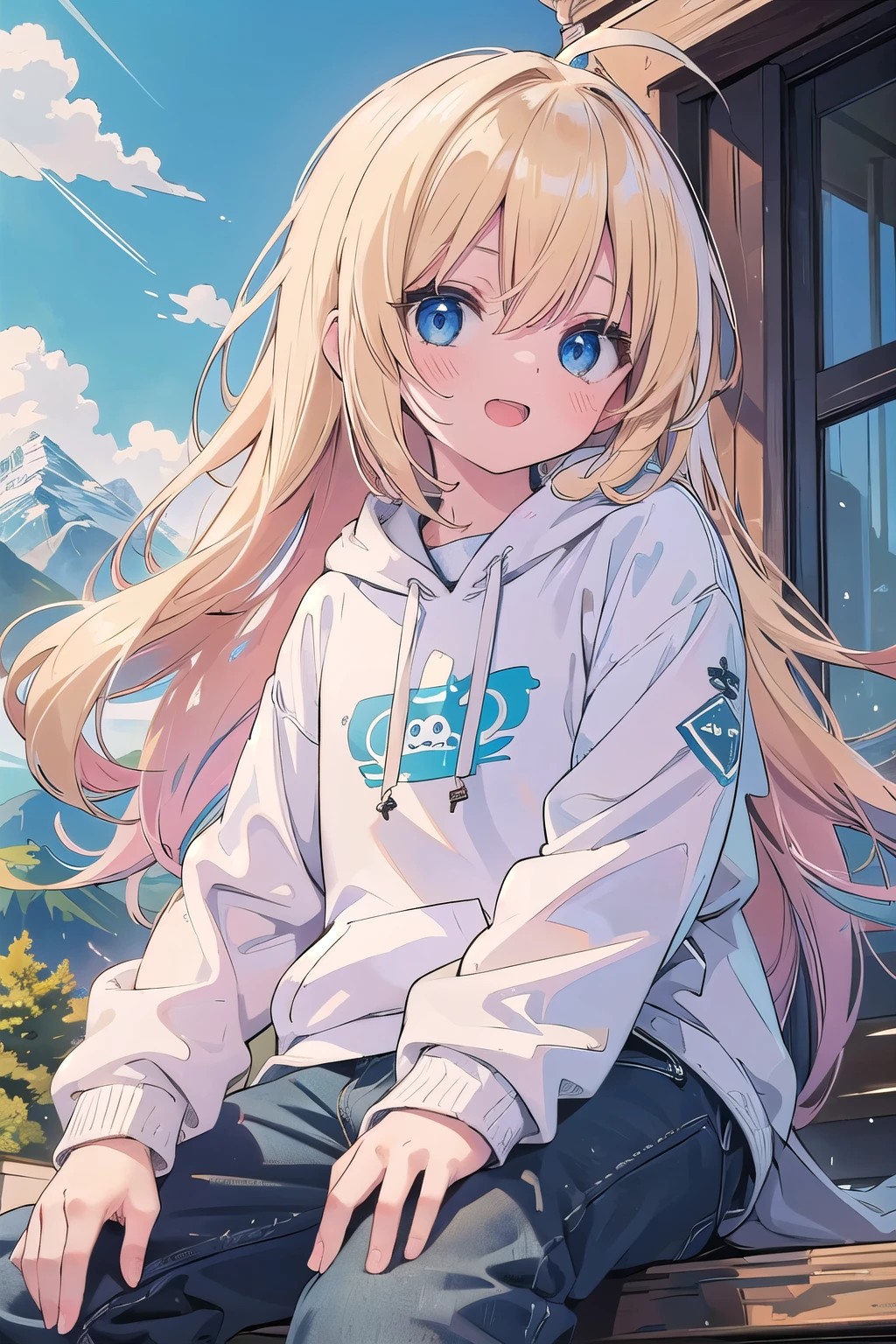 (masterpiece:1.2), (highest quality:1.2), Upper body, perfect eyes, perfect face, perfect lighting, mountainous horizon, 1 boy,blonde blue eyes Raking up hair, spike hair, noble long hair, Ahoge, cute eyes, Medium chest, , (((from below))), open mouth, vivid description,orgasm, I was scared, Ahegao, smile+Happy, tooth, anger, From the side, She is wearing pink shorts with jeans textured lace, wears hoodie in yellow modern style fashion, sitting,