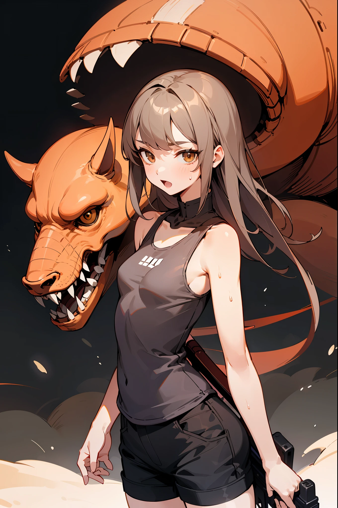 ((fine lineart)), (masterpiece,best Quality),extremely beautiful detai led anime face and eyes,cowboy shot,gal.safetensors,20-year-old、Beauty,monster hunter、solo, brown hair,long hair,brown eyes,Small open mouth、slender body,very small head、medium breasts,brown skin,gleaming skin,oily skin,shiny skin,sweat,shoot a gun、Monsters and combat、(Black combat uniform,tactical vest)、Hold an automatic rifle with both hands、black tight tank top、black shorts,Monsters swarming、monsters are random、fantasy。ancient ruins of central and south america、ancient stone architecture、moonlight、at night、