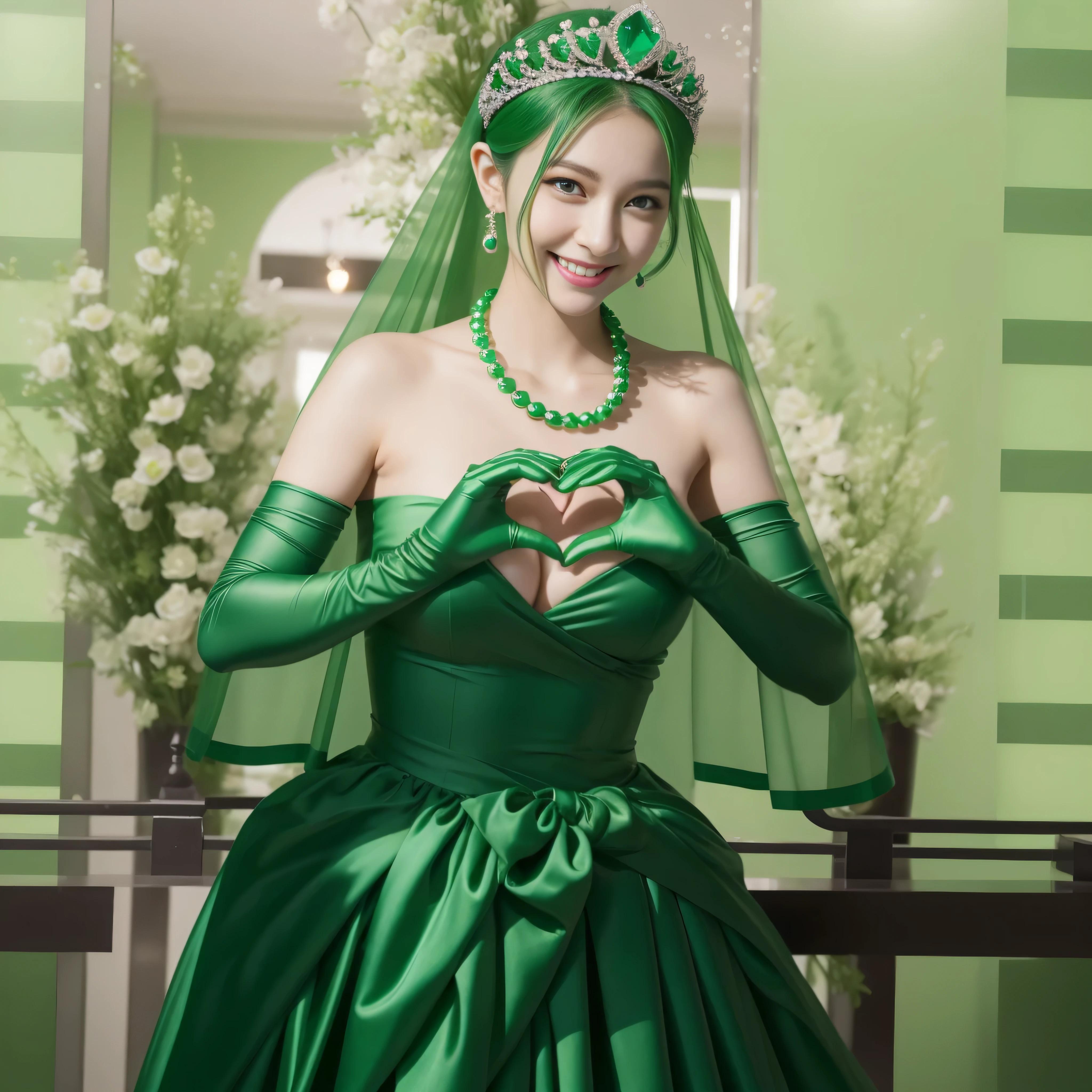 emerald tiara, Green Pearl Necklace, ボーイッシュな非常に短いgreen hair, green lips, smiling Japanese woman, very short hair, Beautiful woman with big breasts, green eyes, green satin long gloves, green eyes, emerald earrings, Green veil, Heart with both hands, green hair, beautiful japanese woman, heart shaped hands:1.3, green lip gloss
