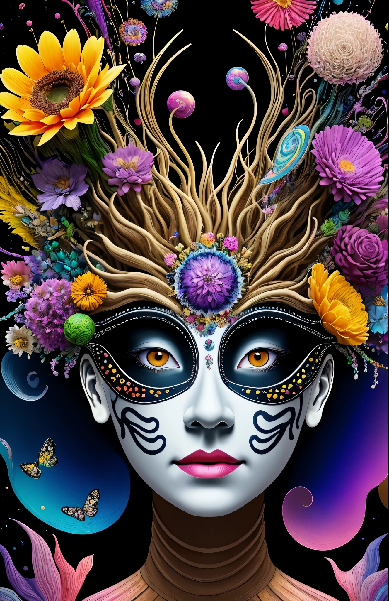 3d mask with various ordinary objects on it,Spiky blonde hair,texture, full of flowers，Many flowers，complex, Gorgeous, shadow, pastel colors, 3d, mask, Very detailed, Deco, tim burton, Salvador dali, Cheng Xiaolong, Cyril Rolando, inspired by J. d. lasso, 3d stereoscopic，pop color style, Photo portrait surrounded by orbiting planetary satellites, , 8k resolution, perfect composition, Milky Way, rainbow colors, flying insects, scales, wing, blue, texture, complicated, Gorgeous, shadow, pastel colors,mask， 3d, Very detailed, deco, tim burton, dale Chihuly, Xiaolongcheng, Cyril Rolando, by J. Jitter，Flower heads are empty，，half face，artwork，comfort，painted