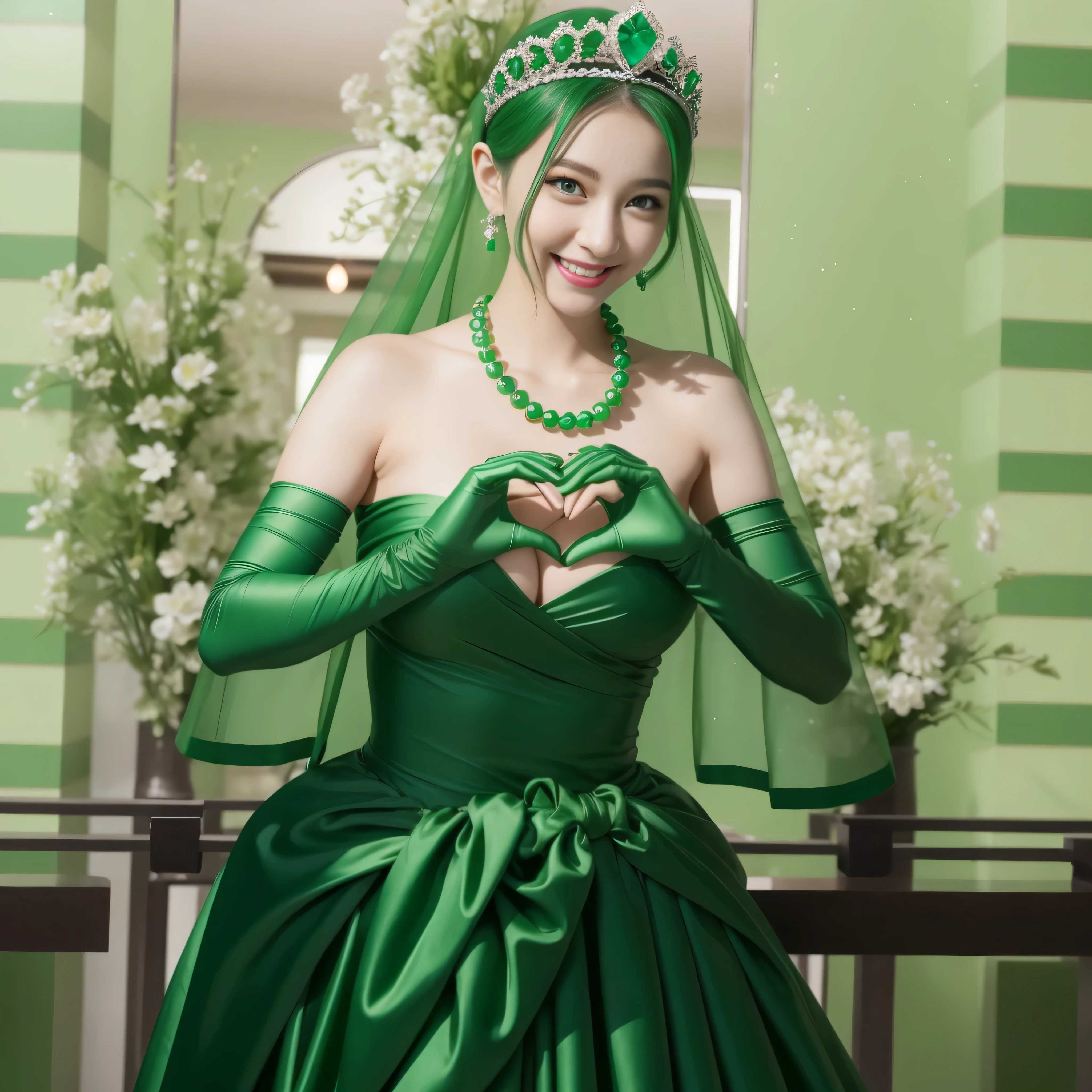emerald tiara, Green Pearl Necklace, ボーイッシュな非常に短いgreen hair, green lips, smiling Japanese woman, very short hair,  Beautiful woman with big breasts, green eyes, green satin long gloves, green eyes, emerald earrings, Green veil, Heart with both hands, green hair, beautiful japanese woman, heart shaped hands:1.3, green lip gloss