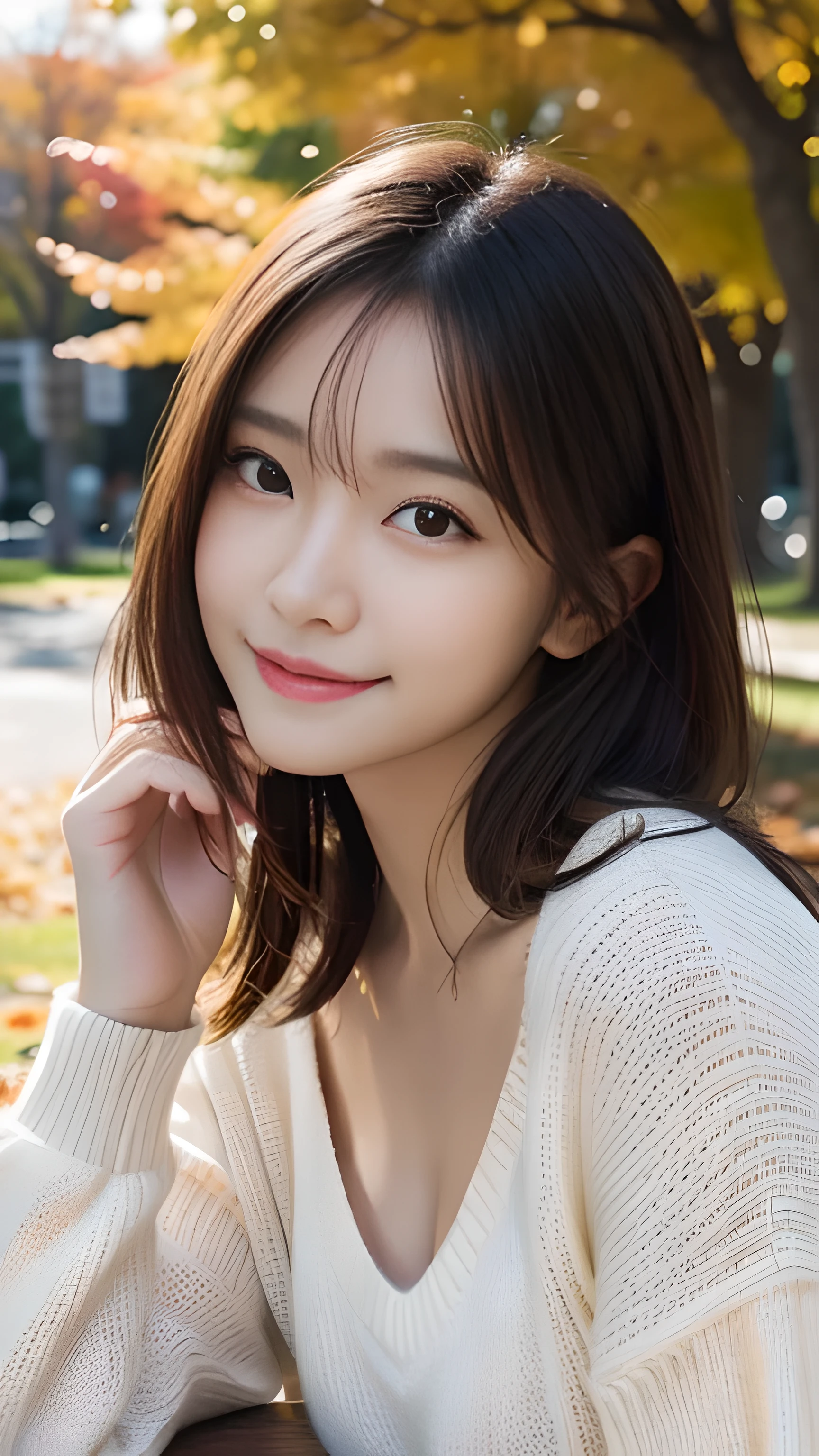 realistic:1.3, table top, highest quality, ((1 beautiful woman)), Japanese, close-up portrait, wearing a knit sweater, smile, thin abs, medium sized breasts, beautiful face, beautiful eyes, detailed face, fine eyes, at the park, in autumn, 8K resolution