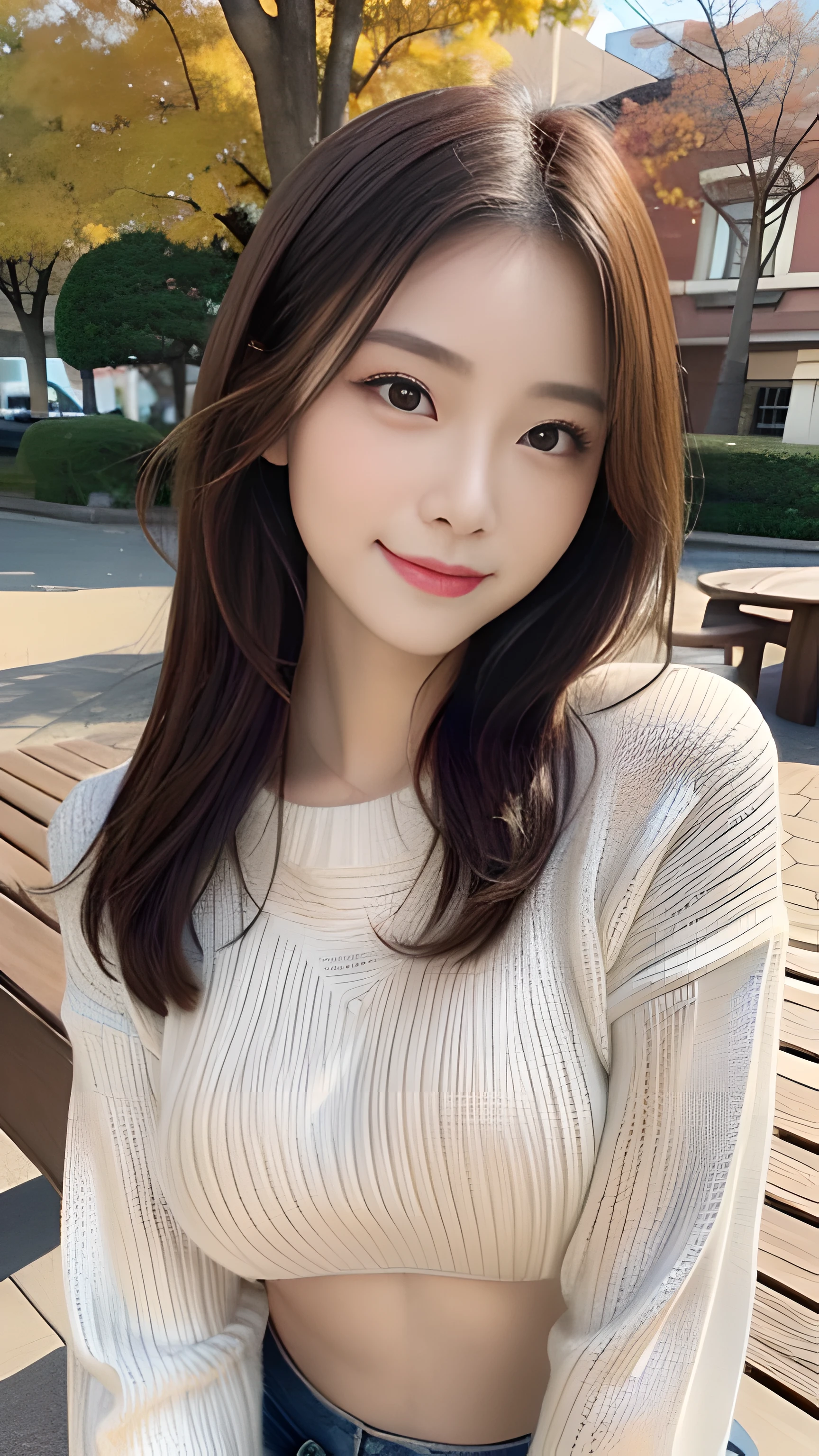 realistic:1.3, table top, highest quality, ((1 beautiful woman)), Japanese, close-up portrait, wearing a knit sweater, smile, thin abs, medium sized breasts, beautiful face, beautiful eyes, detailed face, fine eyes, at the park, in autumn, 8K resolution