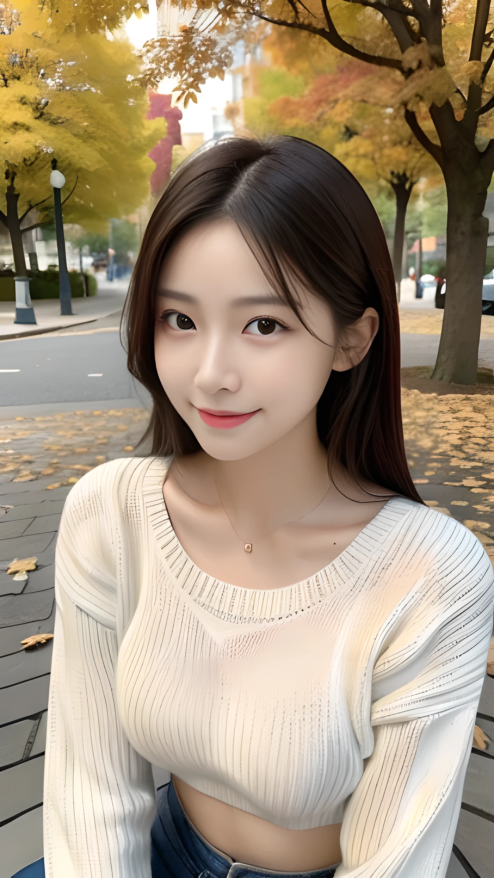 realistic:1.3, table top, highest quality, ((1 beautiful woman)), Japanese, close-up portrait, wearing a knit sweater, smile, thin abs, medium sized breasts, beautiful face, beautiful eyes, detailed face, fine eyes, at the park, in autumn, 8K resolution