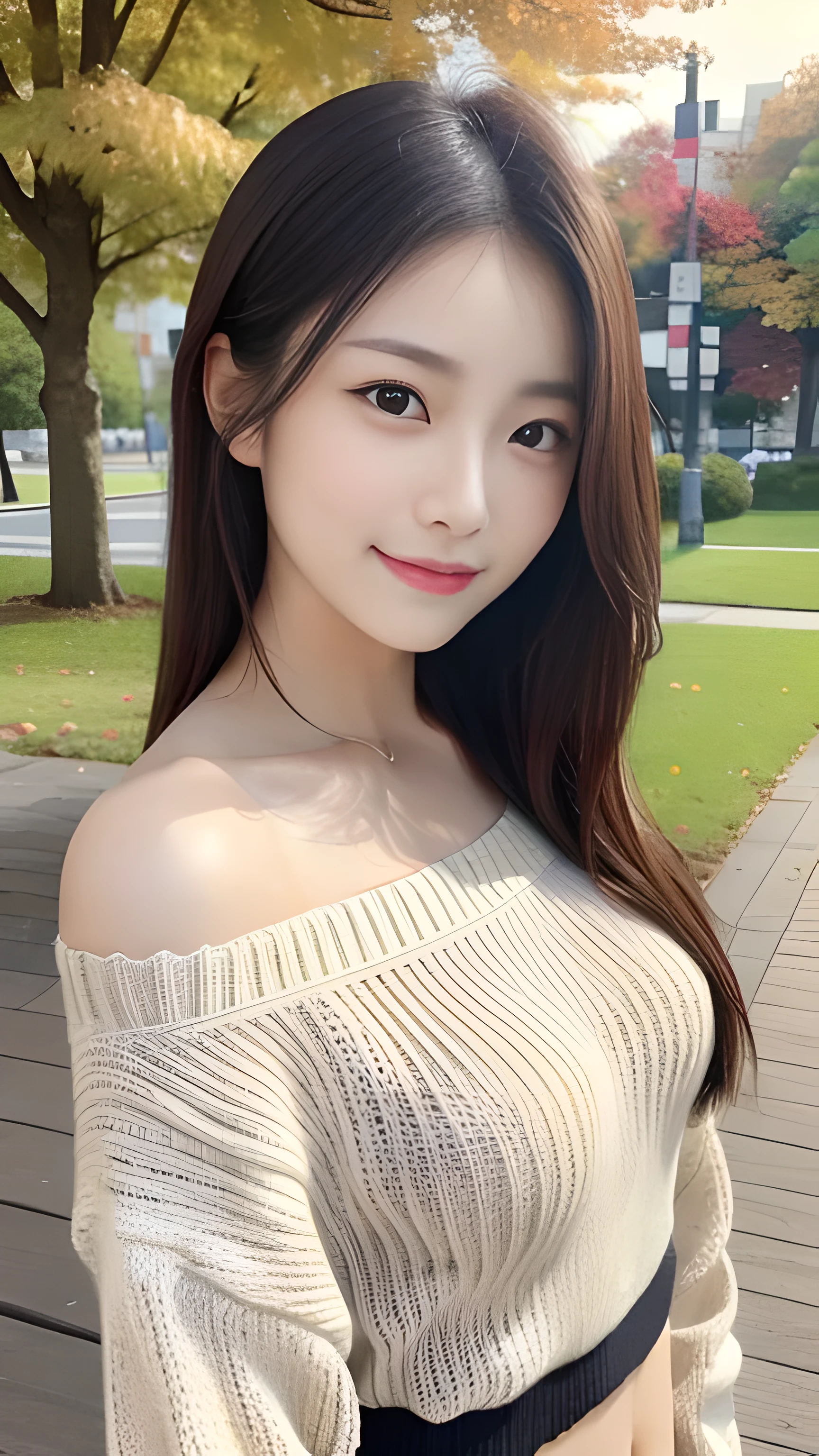 realistic:1.3, table top, highest quality, ((1 beautiful woman)), Japanese, close-up portrait, wearing a knit sweater, smile, thin abs, medium sized breasts, beautiful face, beautiful eyes, detailed face, fine eyes, at the park, in autumn, 8K resolution