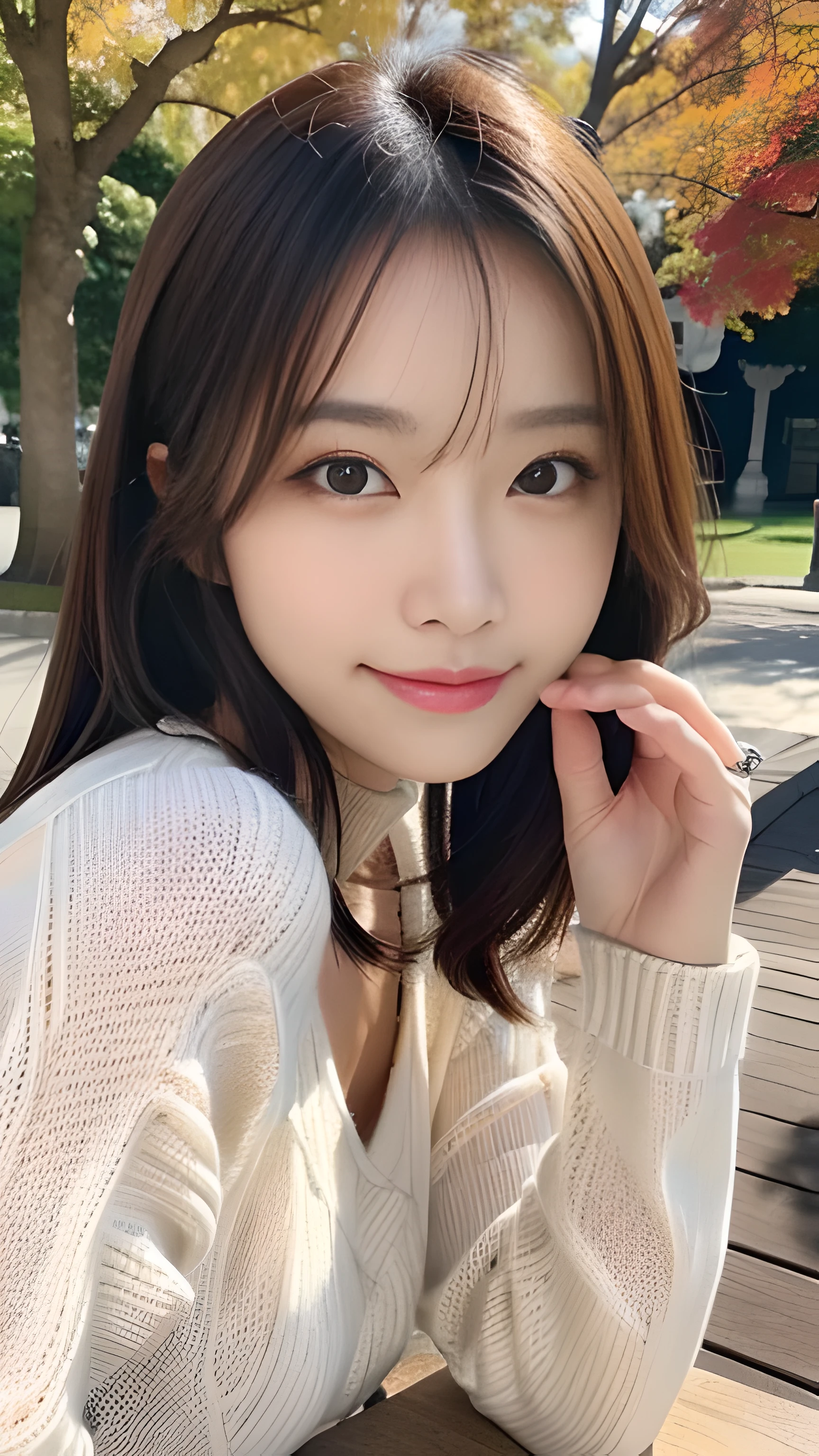 realistic:1.3, table top, highest quality, ((1 beautiful woman)), Japanese, close-up portrait, wearing a knit sweater, smile, thin abs, medium sized breasts, beautiful face, beautiful eyes, detailed face, fine eyes, at the park, in autumn, 8K resolution