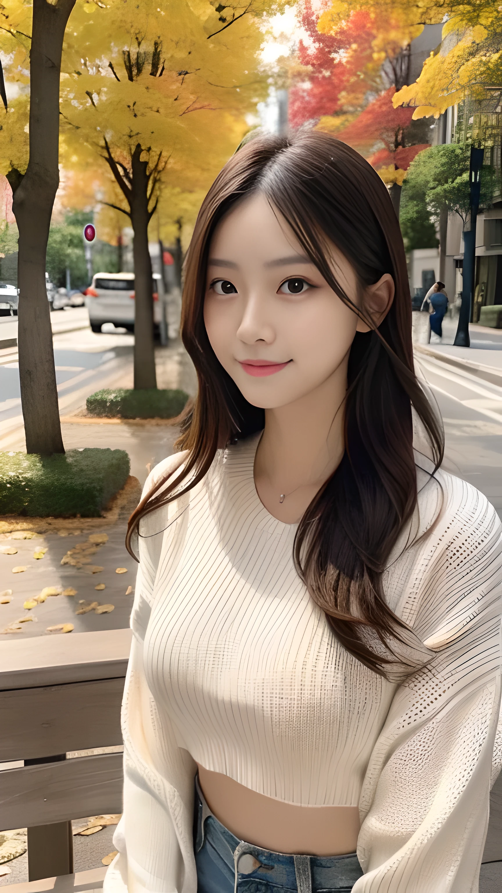 realistic:1.3, table top, highest quality, ((1 beautiful woman)), Japanese, close-up portrait, wearing a knit sweater, smile, thin abs, medium sized breasts, beautiful face, beautiful eyes, detailed face, fine eyes, at the park, in autumn, 8K resolution