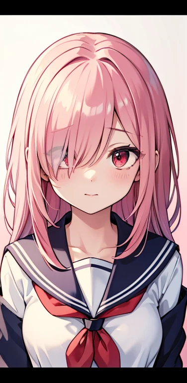 (8K、highest quality、masterpiece:1.2)、Super detailed、super resolution、Realistic、1girl、(light pink red gradient hair:1.2)、((hair over one eye:1.5,RED eyes:1.2))、(face focus:1.3,upper body),(gradient hair:1.5),(sailor uniform:1.3)、(clear face:1.3),cute face,small breasts,school girl,