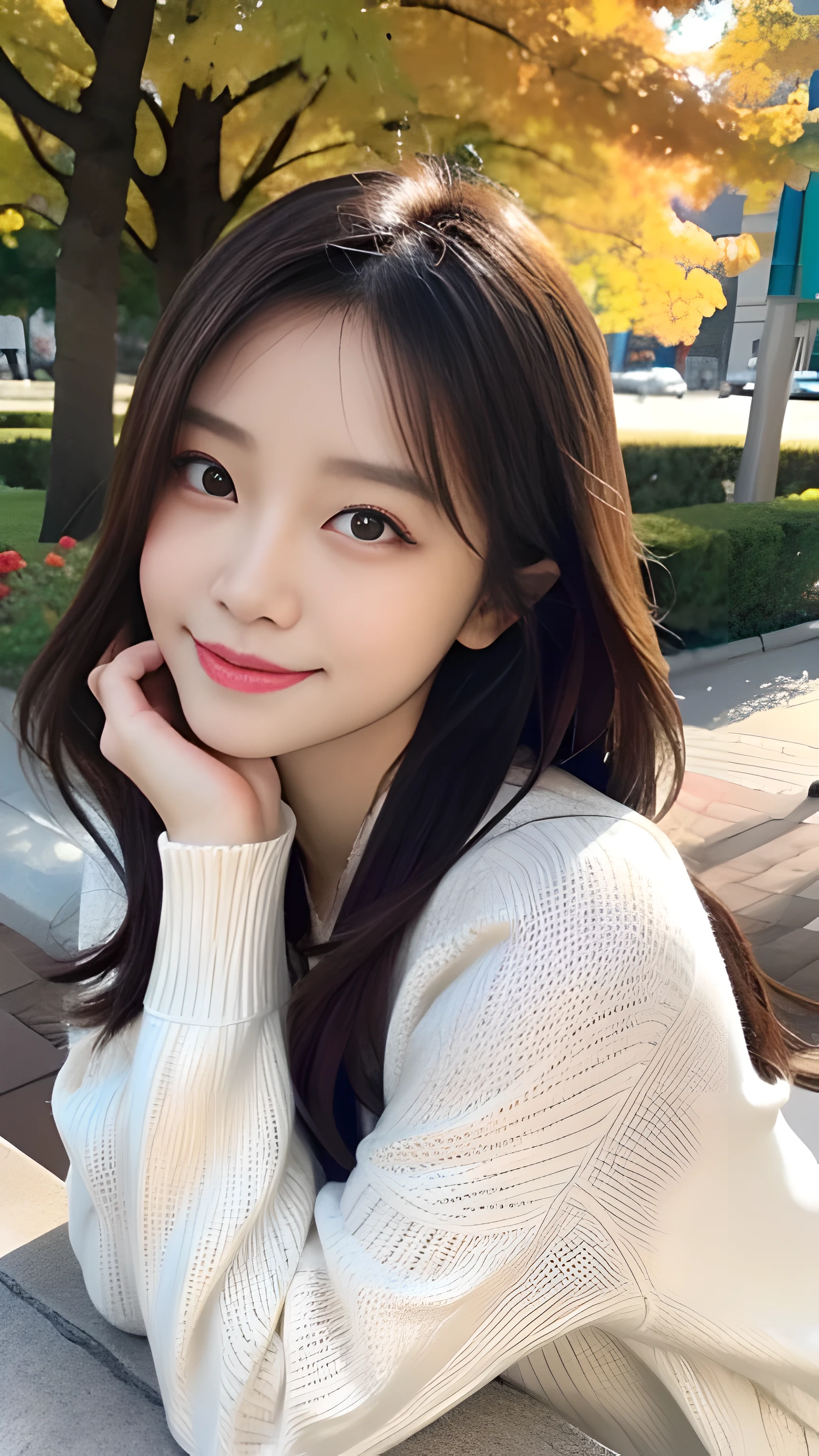 realistic:1.3, table top, highest quality, ((1 beautiful woman)), Japanese, close-up portrait, wearing a knit sweater, smile, thin abs, medium sized breasts, beautiful face, beautiful eyes, detailed face, fine eyes, at the park, in autumn, 8K resolution