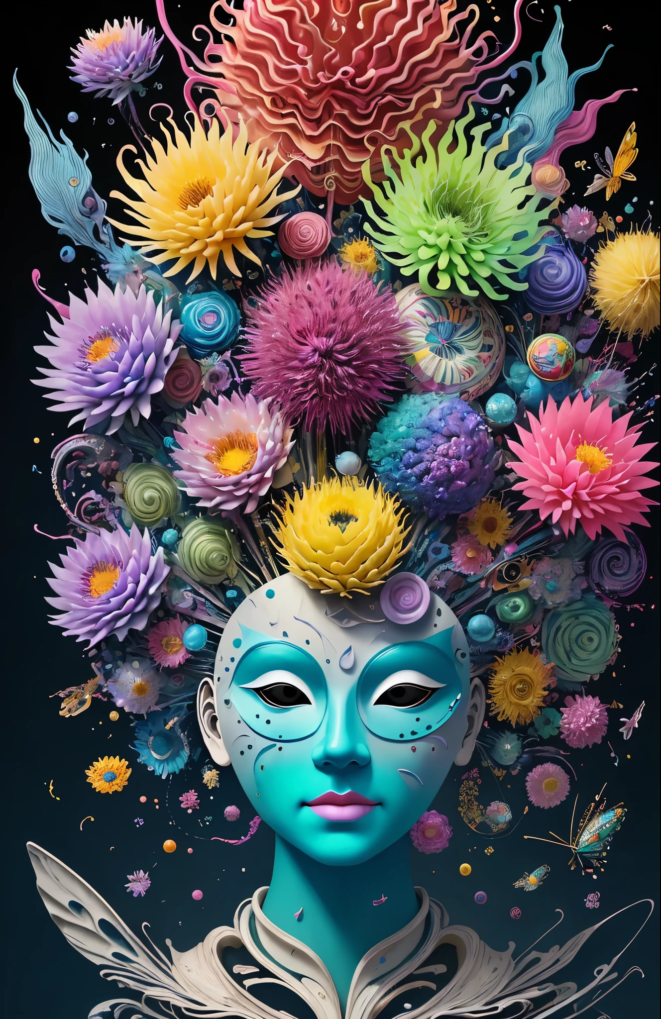 3d mask with various ordinary objects on it,Spiky blonde hair,texture, complex, Dreams bloom like flowers，Many flowers，Sprayed paint，paint waves，viscous liquid，sense of power，Gorgeous, shadow, pastel colors, 3d, mask, Very detailed, Deco, tim burton, Salvador dali, Cheng Xiaolong, Cyril Rolando, inspired by J. d. lasso, 3d stereoscopic，pop color style, Photo portrait surrounded by orbiting planetary satellites, green hair spiky hair, make me jealous, Mark Leyden, Alberto Seveso, creek shade, Anna dietman, Flora Bossi, 8k resolution, perfect composition, Milky Way, rainbow colors, flying insects, scales, wing, blue, texture, complicated, Gorgeous, shadow, pastel colors,mask， 3d, Very detailed, deco, tim burton, dale Chihuly, Xiaolongcheng, Cyril Rolando, by J. Jitter，Flower heads are empty，artwork，display stand，sculpture，Craftsmanship，artwork，