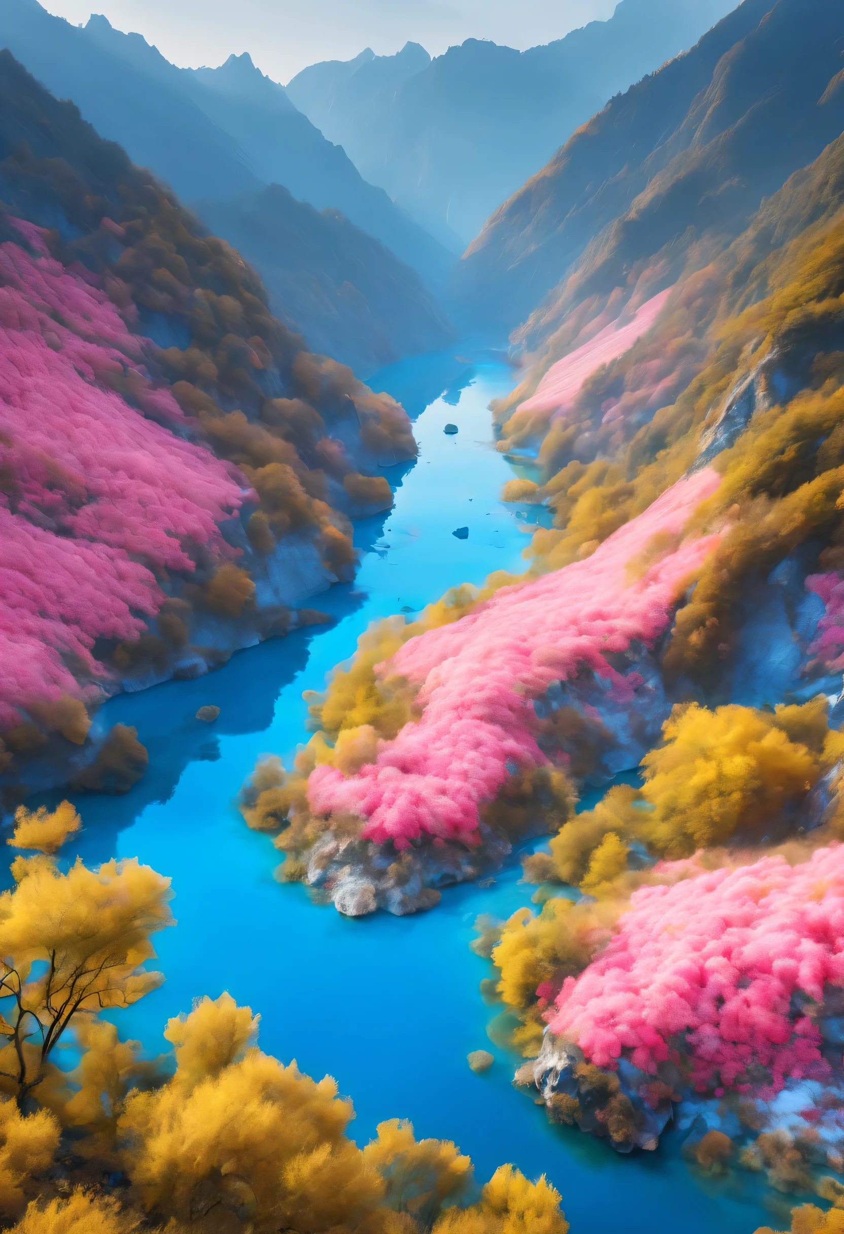 The wide drop-shaped river channel is surrounded by dense rose petals, blue lake, 国家地理photography风格, Exaggerated visual composition and color, 鸟瞰透视photography, 开创性的彩色photography, complex weave, photography, Vibrant and exaggerated scenery,